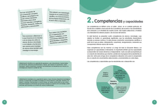 10 11
	 Para ser conscientes de
que comprender conceptos
científicos y tecnológicos nos
ayuda a tomar decisiones
informadas sobre salud,
recursos naturales y energéticos,
ambiente, transporte, medios de
información y comunicación.
	 Para reconocer y diferenciar si
lo que hacemos en la industria
o en el campo de cultivo es
ciencia, técnica o tecnología,
o si el método o las técnicas
que usamos para investigar
en ciencia sirven también para
investigar en tecnología.
	 Para saber si los resultados
de un experimento son
válidos y confiables, y si las
conclusiones obtenidas son
generalizables o singulares,
transitorias o permanentes.
	 Para adquirir una metodología
basada en el cuestionamiento
científico, en el reconocimiento
de las propias limitaciones y en
el juicio crítico y razonado.
Alfabetización científica es la capacidad de apropiarse y usar conocimientos, fuentes fiables
de información, destrezas procedimentales y valores, para explicar el mundo físico, tomar
decisiones, resolver situaciones y reconocer las limitaciones y los beneficios de la ciencia y la
tecnología para mejorar la calidad de vida.
Alfabetización tecnológica es la capacidad de operar y hacer funcionar dispositivos tecnológicos
diversos, de desarrollar actividades tecnológicas en forma eficiente y adecuada. Asimismo, de
deducir y sintetizar informaciones en nuevas visiones, de realizar juicios sobre su uso y tomar
decisiones basadas en información que permitan anticipar los impactos de la tecnología y poder
participar asertivamente en el entorno de manera fundamentada.
Competencias y capacidades2.
Las competencias se definen como un saber actuar en un contexto particular, en
función de un objetivo o de la solución de un problema, de acuerdo a las características
de la situación y a la finalidad de nuestra acción. Esto implica seleccionar y movilizar
una diversidad de saberes propios o de recursos del entorno.
En este fascículo se presentan cuatro competencias de ciencia y tecnología, cuyo
objetivo es facilitar un aprendizaje significativo, que los estudiantes desarrollarán
durante un proceso continuo. En este proceso construirán conocimientos científicos a
partir de lo que ya saben, interpretando, conectando, reorganizando y revisando sus
concepciones internas acerca del mundo.
Estas competencias son las mismas a lo largo de toda la Educación Básica y se
organizan en capacidades e indicadores. Es importante señalar que las capacidades
se desarrollan de manera dinámica e independiente. Cada una está acompañada por
un conjunto de indicadores que orientan y evidencian el progreso de los estudiantes en
este ciclo, tanto para el logro de la competencia relevante como para la comprensión
de un conjunto de conocimientos seleccionados y recomendados en cada etapa.
Las competencias y capacidades que los estudiantes van a desarrollar son:
Ciencia y
Ambiente
Diseña y
produce
prototipos.
Construye una
posición crítica
sobre ciencia y
tecnología.
Indaga,
mediante métodos
científicos, situaciones
que pueden ser
investigadas por
la ciencia.
Explica el mundo
físico, basado en
conocimientos
científicos.
 