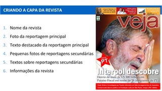 CRIANDO A CAPA DA REVISTA
1. Nome da revista
2. Foto da reportagem principal
3. Texto destacado da reportagem principal
4. Pequenas fotos de reportagens secundárias
5. Textos sobre reportagens secundárias
6. Informações da revista
 