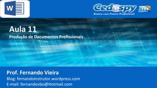 Aula 11
Produção de Documentos Profissionais
Prof. Fernando Vieira
Blog: fernandoinstrutor.wordpress.com
E-mail: fernandovbo@Hotmail.com
 