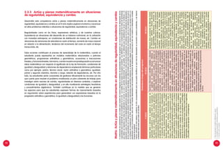 42 43
2.3.3 Actúa y piensa matemáticamente en situaciones
de regularidad, equivalencia y cambio
Desarrollar esta competencia actúa y piensa matemáticamente en situaciones de
regularidad, equivalencia y cambio en el VI ciclo implica explorar el entorno y reconocer
en ellas problemas referidas a situaciones de regularidad, equivalencia y cambio.
Regularidades como en los frisos, expresiones artísticas, y de nuestras culturas.
Equivalencia en situaciones del desarrollo de un balance nutricional, en la cotización
con monedas extranjeras, en condiciones de distribución de masas, etc. Cambio en
situaciones de variaciones de velocidad en razón al tiempo, aumento de masa corporal
en relación a la alimentación, tendencia del incremento del costo en razón al tiempo
transcurrido, etc.
Estas acciones contribuyen al proceso de aprendizaje de la matemática, cuando el
estudiante puede expresarlas en modelos matemáticos relacionados a patrones
geométricos, progresiones aritméticas y geométricas, ecuaciones e inecuaciones
lineales,y funcioneslineales.Asímismo,cuandomuestraunapredisposiciónacomunicar
ideas matemáticas con respecto al significado de la ley de formación, condiciones de
igualdad y desigualdad y relaciones de dependencia empleando términos particulares
como por ejemplo: patrón, término inicial, razón aritmética o geométrica, igualdad,
primer y segundo miembro, dominio y rango, relación de dependencia, etc. Por otro
lado, los estudiantes serán conscientes de gestionar eficazmente los recursos con los
que cuenta para resolver el problema movilizando un plan coherente de trabajo para
investigar sobre razones de cambio, regularidades en diversos contextos, o explorar
condiciones de igualdad y desigualdad, y en ella movilizando estrategias heurísticas
y procedimientos algebraicos. También contribuye en la medida que se generan
los espacios para que los estudiantes expresen formas de razonamiento basados
en argumentar sobre experiencias para generalizar con expresiones basadas en la
progresión aritmética y geométrica, la igualdad y desigualdad y las funciones.
Estándares(mapadelprogreso)
VCICLOVICICLOVIICICLO
Interpretadatosyrelacionesnoexplicitasensituacionesde
regularidad,equivalenciaycambioentredosmagnitudes;y
losexpresaconmodelosreferidosapatronesgeométricos,
patronescrecientesydecrecientes,ecuaciones,desigualdades,
yproporcionalidaddirectaydeterminaenquéotrassituaciones
esaplicable.Describeutilizandolenguajematemáticoacercade
sucomprensiónsobre:patrones,ecuacionesydesigualdades,
yrelacionesdeproporcionalidaddirecta.Elaborayemplea
diversasrepresentacionesdeunamismaideamatemática,
contablas,gráficosysímbolos;relacionándolasentresí.
Elaborayejecutaunplanorientadoaexperimentaroresolver
problemas,empleandoestrategiasheurísticasyprocedimientos
paracompletartérminosdeunasucesióngráficaonumérica
deacuerdoasuposición,simplificarexpresionesoecuaciones
empleandopropiedadesaditivasymultiplicativasoestablecer
equivalenciasentreunidadesdeunamismamagnitud;con
apoyoderecursos;ycomparalosprocedimientosyestrategias
empleadasendistintasresoluciones.Establececonjeturassobre
regularidades,equivalenciasyrelacionesentredosmagnitudes,
ylasjustificausandoejemplosocontraejemplos.
Discriminainformacióneidentificavariablesyrelaciones
noexplícitasensituacionesdiversasreferidasa
regularidad,equivalenciaocambio;ylasexpresacon
modelosreferidosapatronesgeométricos1
,progresiones
aritméticas,ecuacioneseinecuacionesconunaincógnita,
funcioneslinealesyrelacionesdeproporcionalidad
inversa.Seleccionayusaelmodelomáspertinentea
unasituaciónycompruebasiestelepermitióresolverla.
Usaterminologías,reglasyconvencionesalexpresarsu
comprensiónsobrepropiedadesyrelacionesmatemáticas
referidasa:progresionesaritméticas,ecuaciones
lineales,desigualdades,relacionesdeproporcionalidad
inversa,funciónlinealyafín.Elaborayempleadiversas
representacionesdeunamismaideamatemáticacon
tablas,gráficos,símbolos;relacionándolasentresí.Diseña
yejecutaunplanorientadoalainvestigaciónyresolución
deproblemas,empleandoestrategiasheurísticasy
procedimientosparadeterminarlareglageneraldeuna
progresiónaritmética,simplificarexpresionesalgebraicas
empleandopropiedadesdelasoperaciones;conapoyo
dediversosrecursos.Evalúaventajasydesventajasde
lasestrategias,procedimientosmatemáticosyrecursos
usados.Formulayjustificaconjeturasreferidasa
relacionesentreexpresionesalgebraicas,magnitudes,o
regularidadesobservadasensituacionesexperimentales;
eidentificadiferenciasyerroresenlasargumentaciones
deotros.
Relacionadatosprovenientesdediferentesfuentes
deinformación,referidasadiversassituaciones
deregularidades,equivalenciasyrelacionesde
variación;ylasexpresaenmodelosde:sucesiones2
connúmerosracionaleseirracionales,ecuaciones
cuadráticas,sistemasdeecuacioneslineales,
inecuacioneslinealesconunaincógnita,funciones
cuadráticasotrigonométricas3
.Analizalosalcances
ylimitacionesdelmodelousado,evalúasilosdatos
ycondicionesqueestablecióayudaronaresolver
lasituación.Expresausandoterminología,reglas
yconvencionesmatemáticaslasrelacionesentre
propiedadesyconceptosreferidosa:sucesiones,
ecuaciones,funcionescuadráticasotrigonométricas,
inecuacioneslinealesysistemasdeecuaciones
lineales.Elaborayrelacionarepresentacionesde
unamismaideamatemáticausandosímbolos,
tablasygráficos.Diseñaunplandemúltiples
etapasorientadasalainvestigaciónoresolución
deproblemas,empleandoestrategiasheurísticas
yprocedimientosparageneralizarlareglade
formacióndeprogresionesaritméticasygeométricas,
hallarlasumadesustérminos,simplificar
expresionesusandoidentidadesalgebraicas
yestablecerequivalenciasentremagnitudes
derivadas;conapoyodediversosrecursos.Juzga
laefectividaddelaejecuciónomodificacióndel
plan.Formulaconjeturassobregeneralizaciones
yrelacionesmatemáticas;justificasusconjeturas
olasrefutabasándoseenargumentacionesque
explicitenpuntosdevistaopuestoseincluyan
conceptos,relacionesypropiedadesdelossistemas
deecuacionesyfuncionestrabajadas.
1.Quesegeneranalaplicarreflexionesogiros.
2.Considerarprogresiónaritméticaygeométrica.
3.Funciónsenoycoseno.
Acontinuaciónlespresentamosunamatrizquemuestrademaneraintegradaelestándardeaprendizaje(mapadeprogreso),asícomolosindicadoresdedesempeñodelas
capacidadesparaeldesarrollodelacompetenciaenelciclo.Losnivelesdelosmapasdeprogresomuestranunadefiniciónclarayconsensuadadelasmetasdeaprendizaje
quedebenserlogradasportodoslosestudiantesalconcluirunciclooperiododeterminado.Enesesentido,sonunreferenteparalaplanificaciónanual,elmonitoreoyla
evaluación,puesnosmuestraneldesempeñoglobalquedebenalcanzarnuestrosestudiantesencadaunadelascompetencias.Lasmatricesconlosindicadoresdedesempeño
delascapacidadessonunapoyoparadiseñarnuestrassesionesdeaprendizaje;sonútilestambiénparadiseñarinstrumentosdeevaluación,perononosolvidemosdequeen
unenfoquedecompetencias,alfinal,debemosgenerarinstrumentosquepermitanevidenciarsudesempeñointegral.Enresumen,ambosinstrumentosnosayudantantoala
planificacióncomoalaevaluación,perounonosmuestradesempeñosmásacotados(indicadoresdedesempeños),mientrasqueelotronosmuestraundesempeñocomplejo
(mapasdeprogreso).
Hemoscolocadoelnivelanterioryposterioralciclocorrespondienteparaquepuedanidentificarenquéniveldedesempeñoseencuentranuestrosestudiantes,yasídiseñar
actividadesadecuadasparacadaunodeellos.
Matriz:Actúaypiensamatemáticamenteensituacionesderegularidad,equivalenciaycambio
 