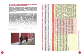 50 51
2.3.5 Actúa y piensa matemáticamente en situaciones
de forma, movimiento y localización
Desarrollar esta competencia actúa y piensa matemáticamente en situaciones de
forma, movimiento y localización en el VI ciclo implica que los estudiantes practiquen
matemática mediante acciones orientadas a resolver problemas referidos a
prismas,cuerpos de revolución, polígonos, triángulos, así como la ubicación y medida
de cuerpos en el plano
Estas acciones contribuyen al proceso de aprendizaje de la matemática, cuando el
estudiante puede expresarlas en modelos matemáticos de tal forma que caracteriza
los atributos de forma, localización y medida de formas bi y tridimensionales. Asimismo,
cuando muestra una predisposición a comunicar ideas matemáticas con respecto
las características y propiedades de las formas geométricas empleando términos
particulares como por ejemplo: ángulo, vértice, punto, recta, escala, punto de referencia,
rotación, reflexión, etc. Por otro lado, los estudiantes serán conscientes de gestionar
eficazmente los recursos con los que cuenta para resolver el problema movilizando un
plan coherente de trabajo para investigar sobre características de formas geométricas
compuestas en nuestro medio, el desarrollo de cuerpos geométricos conocidos,
el empleo de mapas a escala, etc. Y en ella movilizando estrategias heurísticas
y procedimientos geométricos con recursos como la regla y el compás. También
contribuye en la medida que se generan los espacios para que los estudiantes expresen
formas de razonamiento basados en argumentar sobre propiedades y características
geométricas, esto involucra establecer relaciones lógicas y de jerarquía entre formas
geométricas estudiadas.
Estándares(mapadelprogreso)
VCICLOVICICLOVIICICLO
Interpretadatosyrelacionesnoexplícitasdelocalizacióny
movimientodelosobjetos,conlasformasgeométricasbiytri
dimensionales,surotación,ampliaciónoreducciónydetermina
enquéotrassituacionesesaplicable.Expresasucomprensión
utilizandolenguajematemáticosobrelaspropiedadesdelas
formasbidimensionalesotridimensionales1
;ángulos,superficies,
volumenycapacidad;ampliaciones,reducciones,girosyla
posicióndeunobjetoenelplanocartesiano.Elaboradiversas
representacionesdeunamismaideamatemática,congráficos
ysímbolos,relacionándolasentresí.Elaborayejecutaunplan
orientadoaexperimentaroresolverproblemasempleando
estrategiasheurísticasyprocedimientoscomoestimarymedir
ángulos,calcularperímetro,superficie,capacidadyvolumen
seleccionandoelinstrumentoylaunidadconvencional
pertinente;conapoyoderecursos.Comparalosprocedimientos
yestrategiasempleadasendistintasresoluciones.Elabora
conjeturassobrerelacionesentrepropiedadesdelasformas
geométricastrabajadasylasjustificausandoejemploso
contraejemplos.
Discriminainformacióneidentificarelacionesnoexplícitas
desituacionesreferidasaatributos,localizacióny
transformacióndeobjetos,ylosexpresaconmodelos
referidosaformasbidimensionalescompuestas,
relacionesdeparalelismoyperpendicularidad,posiciones
yvistasdecuerposgeométricos2
.Seleccionayusael
modelomáspertinenteaunasituaciónycompruebasi
estelepermitióresolverla.Expresausandoterminología,
reglasyconvencionesmatemáticassucomprensiónsobre
propiedadesdeformasbidimensionalesytridimensionales3
,
ángulos,superficiesyvolúmenes,transformaciones
geométricas;elaborandodiversasrepresentacionesde
unamismaideamatemáticausandográficosysímbolos;
ylasrelacionaentresí.Diseñayejecutaunplanorientado
alainvestigaciónyresolucióndeproblemas,empleando
estrategiasheurísticasyprocedimientoscomocalcular
yestimarmedidasdeángulosydistanciasenmapas,
superficiesbidimensionalescompuestasyvolúmenes
usandounidadesconvencionales;rotar,ampliar,reducir
formasoteselarunplano,conapoyodediversos
recursos.Evalúaventajasydesventajasdelasestrategias,
procedimientosmatemáticosyrecursosusados.Formulay
justificaconjeturassobrerelacionesentrepropiedadesde
formasgeométricastrabajadas;eidentificadiferenciasy
erroresenlasargumentacionesdeotros.
Relacionadatosdediferentesfuentesdeinformación
referidasasituacionessobreformas,localización
ydesplazamientodeobjetos,ylosexpresacon
modelosreferidosaformaspoligonales,cuerpos
geométricoscompuestosoderevolución,relaciones
métricas,desemejanzaycongruencia,yrazones
trigonométricas.Analizalosalcancesylimitaciones
delmodelousado,evalúasilosdatosycondiciones
queestablecióayudaronaresolverlasituación.
Expresausandoterminologías,reglasyconvenciones
matemáticassucomprensiónsobre:relaciones
entrelaspropiedadesdefigurassemejantesy
congruentes,superficiescompuestasqueincluyen
formascircularesynopoligonales,volúmenesde
cuerposderevolución,razonestrigonométricas.
Elaborayrelacionarepresentacionesdeuna
mismaideamatemáticausandomapas,planos,
gráficos,recursos.Diseñaunplandemúltiples
etapasorientadasalainvestigaciónoresolución
deproblemas,empleandoestrategiasheurísticas,
procedimientoscomocalcularyestimarmedidasde
ángulos,superficiesbidimensionalescompuestas
yvolúmenesusandounidadesconvencionales;
establecerrelacionesdeinclusiónentreclasespara
clasificarformasgeométricas;conapoyodediversos
recursos.Juzgalaefectividaddelaejecucióno
modificacióndesuplan.Formulaconjeturassobre
posiblesgeneralizacionesestableciendorelaciones
matemáticas;justificasusconjeturasolasrefuta
basándoseenargumentacionesqueexpliciten
puntosdevistaopuestoseincluyanconceptosy
propiedadesmatemáticas.
1.	Triángulos,cuadriláteros,ángulos,círculos,circunferencias,prismasypirámides.
2.	Prisma,pirámide,círculo,cilindro
3.	Polígonos,prisma,pirámide,círculo,cilindro,rectasparalelas,perpendicularesysecantes.
Acontinuaciónlespresentamosunamatrizquemuestrademaneraintegradaelestándardeaprendizaje(mapadeprogreso),asícomolosindicadoresdedesempeñodelas
capacidadesparaeldesarrollodelacompetenciaenelciclo.Losnivelesdelosmapasdeprogresomuestranunadefiniciónclarayconsensuadadelasmetasdeaprendizaje
quedebenserlogradasportodoslosestudiantesalconcluirunciclooperiododeterminado.Enesesentido,sonunreferenteparalaplanificaciónanual,elmonitoreoyla
evaluación,puesnosmuestraneldesempeñoglobalquedebenalcanzarnuestrosestudiantesencadaunadelascompetencias.Lasmatricesconlosindicadoresdedesempeño
delascapacidadessonunapoyoparadiseñarnuestrassesionesdeaprendizaje;sonútilestambiénparadiseñarinstrumentosdeevaluación,perononosolvidemosdequeen
unenfoquedecompetencias,alfinal,debemosgenerarinstrumentosquepermitanevidenciarsudesempeñointegral.Enresumen,ambosinstrumentosnosayudantantoala
planificacióncomoalaevaluación,perounonosmuestradesempeñosmásacotados(indicadoresdedesempeños),mientrasqueelotronosmuestraundesempeñocomplejo
(mapasdeprogreso).
Hemoscolocadoelnivelanterioryposterioralciclocorrespondienteparaquepuedanidentificarenquéniveldedesempeñoseencuentranuestrosestudiantes,yasídiseñar
actividadesadecuadasparacadaunodeellos.
Matriz:Actúaypiensamatemáticamenteensituacionesdeforma,movimientoylocalización
 