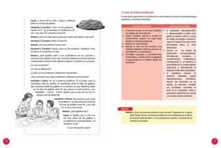 70 71
Acciones del docente Acciones del estudiante
•	 El docente cumple un rol como mediador
de códigos de comunicación.
•	 Explica, sintetiza, resume y rescata los
conocimientos puestos en juego para
resolver la situación planteada.
•	 Destaca la funcionalidad.
•	 Rescata el valor de las nociones y los
métodos utilizados. Señala su alcance, su
generalidad y su importancia.
•	 Formaliza conceptos y procedimientos
matemáticos, contribuyendo a resignificar
el aprendizaje en el contexto global del
estudiante.
•	 El estudiante descontextualiza
y despersonaliza el saber para
ganar el estatus cultural y social
de objeto tecnológico autónomo,
capaz de hacerlo funcionar como
herramienta eficaz en otras
situaciones.
•	 Avanza en los niveles de
abstracción correspondientes,
formalizando conceptos y
procedimientos matemáticos,
contribuyendo a re significar el
aprendizaje en el contexto global,
explicando y redondeando el
lenguaje matemático apropiado.
•	 El estudiante traduce la
situación, interpreta, realiza
representaciones simbólicas,
discute sus supuestos en su
equipo, se comunica, socializa
sus resultados, encuentra el
error en el compañero, refuta y
generaliza superando los errores
y el modelo intuitivo instalado.
Equipo 1: Somos 89 en total y luego lo dividimos
entre los 45 kilos de galletas.
Estudiante 2 (Caroline): Como no nos podemos
repartir 1,977... kg, lo redondeo a 2. Verificamos, 89
por 2 nos sale 178, y nosotros somos 89.
Maestra: ¿Qué otra alternativa habrá para hacer esta división y por qué?
Estudiante 2 (Caroline): Dividir 45 entre 89.
Maestra: ¿Por qué debemos hacer esto?
Estudiante 2 (Caroline): Porque, como ya dije profesora, dividiendo como
ha hecho mi compañera no sale.
Maestra: ¿Qué significa esto? A ver contrastemos las dos opciones y
veamos lo que significa cada caso. Para ello observemos las dos opciones
y respondamos primero entre ustedes y luego lo comparten con su equipo:
¿En qué se parecen?
¿En qué se diferencian?
¿Cuáles son las similitudes y diferencias importantes?
¿Qué conclusión saco según similitudes y diferencias encontradas?
Estudiante 3 (Delia): Ah, ya lo tenemos profesora. En el primer caso mi
compañero Félix ha dividido 89 estudiantes entre 45 kilos de galletas,
pero queremos dividir las galletas no a nosotros; por eso, debemos dividir
los 45 kilos de galletas entre 89 que somos en total nosotros y nos
saaaleeee… Ummm… 0,5056. Significa que a cada uno nos toca un
poquito más de medio kilo.
Estudiante 1 (Hilmer): Pero tenemos que contar
a la profesora. Con ella somos 90, entonces
45 kilos de galletas entre 90, y nos sale
0,5, un poco más exacto.
Maestra: ¿Qué significa esto?
Equipo 4: Significa que a cada uno
nos toca medio kilo de galletas, y
ya verificamos el procedimiento y el
resultado, es así:
0,5 por 90 igual 45, exacto.
d. Fase de Institucionalización
En esta fase se generaliza y se abstraen los conocimientos en base a los procedimientos
realizados y resultados obtenidos.
	
Ejemplo
Maestra: ¿Qué conclusiones podemos sacar de esto? Organicemos nuestras
ideas (luego de las conclusiones dadas por los estudiantes en el pleno,
la docente institucionaliza, con la participación de ellos, la división de los
números racionales).
 