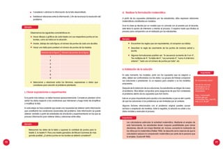 88 89
Número de la figura Número de puntos de la figura
1
2
3
4
5
8
9
	 Considerar o eliminar la información de la lista desarrollada.
	 Establecer relaciones entre la información, a fin de reconocer la resolución del
problema.
Ejemplo:
	
Observamos las siguientes características en:
	 Hacer dibujos o gráficos de cada tarjeta con sus respectivos puntos en los
bordes, como se indica en la situación.
	 Anotar, debajo de cada figura, el número de puntos de cada una de ellas.
	 Hacer una tabla para predecir el número de puntos de las tarjetas.
	 Seleccionar y relacionar entre los términos, expresiones o datos que
consideres para solución al problema planteado.
c.	Hacer suposiciones o experimentar
Es la parte más valiosa, no debe hacerse apresuradamente. Consiste en plantear cómo
varían los datos respecto a las condiciones que intervienen y luego tratar de simplificar
o modificar la lista.
En esta etapa se hace evidente que existe una necesidad de obtener cierta información
que constituirán las condiciones escenciales del problema. Esta información se puede
obtener también a partir de actividades de simulación y experimentación en las que se
procesa información para obtener datos y relaciones entre ellas.
Ejemplo:
	 Relacionan los datos de la tabla y suponen la cantidad de puntos para la
tarjeta 5, la tarjeta 9. Para una tarjeta ganadora de Récord Guinness (la más
grande posible). ¿Cuántos puntos en los bordes se deberá considerar?.
Se recomienda visitar:
Uso de los recursos
tecnológicos en el
aprendizaje de la
matemática
http://sistemas02.
minedu.gob.pe/
archivosdes/fasc_mat/04_
mat_d_s1_f6.pdf
d. Realizar la formulación matemática
A partir de los supuestos planteados por los estudiantes, ellos expresan relaciones
matemáticas constituidas en modelos.
Si en la clase se decide por un modelo que no coincide con el previsto por el docente,
este tiene la opción de intervenir y orientar el proceso. O esperar hasta que finalice el
proceso para compararlo con el realizado por los estudiantes.
Ejemplo:
	 Encuentran las reglas que son equivalentes, al comparar sus tablas.
	 Describen la regla de crecimiento de los puntos de manera verbal y
escrita.
	 Algunas formulaciones podrían ser: “la secuencia aumenta de 4 en 4”,
“los múltiplos de 4”, “la tabla del 4”, “voy sumando 4”, “sumo 4 al término
anterior”, “resto uno al número de puntos por lado”, etc.
e.	Validación de la solución
En este momento, los modelos, junto con los supuestos que se asignan a
ellos, deben ser confrontados con los datos. Los grupos de trabajo comparan
sus soluciones o previsiones. Es un espacio para aceptar o no los modelos
propuestos.
Después de la obtención de sus soluciones, los estudiantes se dirigen de nuevo
al problema. Ellos deben comprobar para asegurarse de que han contestado
el problema dentro de los supuestos que han hecho.
Este es un paso importante para ayudar a los estudiantes a que se den cuenta
de que las soluciones a los problemas se ven limitadas por el contexto.
Algunos factores relacionados con el problema original pueden causar
rechazo o aceptación de modelos. Ante la negativa, la solución es volver a los
datos iniciales y reanudar el proceso.
Importante:
Las calculadoras estimulan la actividad matemática. Mediante el empleo de
esta herramienta, los estudiantes tienen mayores posibilidades para tomar
decisiones, discutir con mayor libertad, etc. Incluso, aumenta la motivación de
los niños por la matemática (Fielker 1986). Se descarta así la creencia de que la
calculadora reduzca la comprensión matemática por parte de la persona que
la emplea. (Cockcroft 1982).
Importante:
 