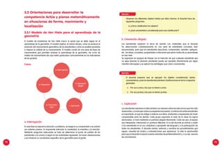 94 95
3.3.1 Modelo de Van Hiele para el aprendizaje de la
geometría
3.3 Orientaciones para desarrollar la
competencia Actúa y piensa matemáticamente
en situaciones de forma, movimiento y
localización
El modelo de enseñanza de Van Hiele marca la pauta que se debe seguir en el
aprendizaje de la geometría. El modelo explica, al mismo tiempo, cómo se produce la
evolución del razonamiento geométrico de los estudiantes y cómo es posible ayudarlos
a mejorar la calidad de su razonamiento. El modelo consta de una serie de fases de
razonamiento que permiten analizar el aprendizaje de la geometría. Así como de
niveles de razonamiento (los que están graduados curricularmente en los indicadores
de los grados).
a.	Interrogación
En esta fase se expone la situación o problema, se asegura su comprensión y se activan
sus saberes previos. Es importante estimular la creatividad, la inventiva y la intuición.
Mediante preguntas adecuadas se trata de determinar el punto de partida de los
estudiantes y el camino a seguir en las actividades siguientes. Se hacen observaciones
y se introduce un vocabulario específico de la geometría para el grado.
Ejemplo:
	 Observen los diferentes objetos traídos por ellos mismos. El docente hace las
siguientes preguntas:
	 ¿Cómo clasificarían los objetos?
	 ¿Qué característica consideraste para esa clasificación?
b.	Orientación dirigida
Los estudiantes exploran el tema de estudio con materiales que el docente
ha seleccionado cuidadosamente en una serie de actividades concretas, bien
secuenciadas, para que los estudiantes descubran, comprendan, asimilen, apliquen,
etc., las ideas, conceptos, propiedades o relaciones que serán motivo de su aprendizaje
en ese nivel.
Se organizan en equipos de trabajo con la intención de que cualquier estudiante que
no sepa abordar la situación planteada pueda ser ayudado directamente por algún
miembro del equipo y se aplican las estrategias que crean convenientes.
Ejemplo:
	 El docente propone que se agrupen los objetos considerando ciertas
características, pues los estudiantes plantean clasificaciones en torno a aspectos
generales.
a.	 Por sus curvas y las que no tienen curvas.
b.	 Por sus puntas y las que no tienen puntas.
c.	Explicación
Los estudiantes expresan e intercambian sus visiones sobre las estructuras que han sido
observadas,yconstruyensobresusexperienciasprevias.Lainteracciónentreestudiantes
es importante, ya que los obliga a ordenar sus ideas, analizarlas y expresarlas de modo
comprensible para los demás. Cada grupo expondrá al resto de la clase los logros
alcanzados. Lo hará mediante un portavoz elegido libremente. Cada vez que el equipo
sea interpelado, intervendrá un portavoz diferente. El rol del docente se orienta a asistir
a los estudiantes en el uso cuidadoso y apropiado del lenguaje y a la participación de
todos los estudiantes. El docente orienta, estimula y coordina los procedimientos que
siguen, resuelve las dudas y contradicciones que aparezcan. Es esta la oportunidad
para que el docente incorpore nuevas variantes de problematización y, a su vez, resuma
las conclusiones.
Fases:
e. Integración
d. Orientación
Libre
b. Orientación
dirigida
a. Interrogación
c. Explicación
 