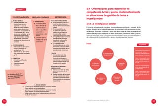 104 105
CONCEPTUALIZACIÓN
g. MARCO TEÓRICO
•	 Función lineal afín: Una
función lineal es una
expresión y = a x + b,
donde a y b son números
reales que se denominan
constantes, con a distinto de
0. Los términos "x" e "y" se
denominan variables, "x" es
la variable independiente
e "y" se denomina variable
dependiente. (puede ser
analizado en situaciones de
contexto).
e. PROCESOS BÁSICOS
•	 Si la función es de la forma
y=mx+n, entonces su
pendiente es “m”
•	 Si la función es de la forma
y=n, entonces su pendiente
es “0”.
c. CONCEPTOS
•	 Función lineal. Función
constante.
•	 Proporcionalidad.
•	 Pendiente.
METODOLOGÍA
h. JUICIOS Y CONCLUSIONES
•	 En la expresión y=ax+b, al
variar b, obtenemos una
familia de funciones lineales
afines.
•	 En la expresión y=ax,
la gráfica de la función
pasará por el origen de
coordenadas, la cual,
denominamos función lineal.
•	 Si la gráfica de dos funciones
lineales tienen la misma
pendiente, entonces las
rectas son paralelas.
•	 Si la gráfica de dos
funciones lineales se cortan
formando un ángulo de 90°,
entonces el producto de sus
pendientes es menos uno.
f. DATOS
•	 Si la pendiente de dos
funciones de la forma
y=mx+b se mantiene y
cambiamos la cantidad del
término independiente que
sucede con la función.
d. REGISTRO DE MEDIDAS Y
OBSERVACIONES
•	 Elabora una tabla de datos
para las variables de la
función.
•	 Realiza gráficos de funciones
donde se evidencien rectas
paralelas y perpendiculares
para analizar sus pendientes
respectivas.
PREGUNTAS CENTRALES
a. INTERROGANTES
  •	 ¿Qué valores debe
tener la fórmula de
una función lineal
para que su gráfica
sea paralela o
perpendicular a otra
función?
  •	 ¿Una recta que es  
paralela al eje “y” es
una función?
b. TEMA DE ESTUDIO
•	 ¿Cómo son las pendientes entre dos funciones lineales
cuyas gráficas son rectas paralelas?
•	 ¿Cómo son las pendientes entre dos funciones lineales
cuyas gráficas son rectas perpendiculares?
•	 ¿Qué sucede si el término independiente de la función
“y=4x+3” no existe?.
Ejemplo 3.4	Orientaciones para desarrollar la
competencia Actúa y piensa matemáticamente
en situaciones de gestión de datos e
incertidumbre
3.4.1 La investigación escolar
El ciclo de la investigación comienza formulando preguntas sobre sí mismos, de su
entorno familiar, de su institución educativa, su comunidad y país; elaborarán un plan,
recolectarán datos por sí mismos o harán uso de una base de datos ya existentes en
distintas fuentes; luego analizarán los datos recolectados, construirán tablas, gráficos;
buscarán patrones, harán inferencias y predicciones para sacar conclusiones a partir
de la interpretación y comunicación, y generar nuevas preguntas. Veamos:1
1. REFIP (2012). Datos y azar. FONDEP D091-1023: 7.
Para ampliar estudios se
recomienda visitar:
Aspectos metodológicos
para elaborar encuestas
http://sistemas02.mine-
du.gob.pe/archivosdes/
fasc_mat/04_mat_e_s1_
f9.pdf
Aspectos metodológicos
en el aprendizaje de la
probabilidad
http://sistemas02.mine-
du.gob.pe/archivosdes/
fasc_mat/04_mat_e_s1_
f8.pdf
e. Fase de
conclusiones
d. Análisis de
datos
b. Desarrollo
del plan
a. Planteamiento
del problema
c. Recolección
y manejo
de datos
Fases: Importante:
En el vértice de la “v“
se inicia la producción
del conocimiento.
 