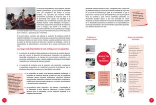 14 15
La resolución de problemas como expresión adquiere
diversas connotaciones, ya que puede ser entendida
como una competencia que implica un proceso
complejo; una capacidad, que involucra movilizar
conocimientos y procesos de resolución para un fin
de aprendizaje más superior; una estrategia en la
característica que muestra fases y procesos que le dan
identidad respecto a otras estrategias. Al respecto, a
continuación expresaremos la resolución de problemas
como un enfoque, que orienta y da sentido a la
educación matemática, en el propósito que se persigue
de resolver problemas en el actuar y pensar matemáticamente para orientar el proceso
de la enseñanza y aprendizaje de la matemática.
En nuestro sistema educativo, este enfoque de resolución de problemas orienta la
actividad matemática en la escuela, de tal manera que le permite al estudiante situarse
en diversos contextos para crear, recrear, investigar y resolver problemas; involucrando
la prueba de diversos caminos de resolución, el análisis de estrategias y formas de
representación, la sistematización y comunicación de los nuevos conocimientos, entre
otros.
Los rasgos más importantes de este enfoque son los siguientes:
	 La resolución de problemas debe plantearse en situaciones de contextos diversos,
pues ello moviliza el desarrollo del pensamiento matemático. Los estudiantes
desarrollan competencias y se interesan en el conocimiento matemático, si le
encuentran significado y lo valoran, y pueden establecer relaciones de funcionalidad
matemática con situaciones de diversos contextos.
	 La resolución de problemas sirve de escenario para desarrollar competencias
y capacidades matemáticas. Es a través de la resolución de problemas, que los
estudiantes desarrollan competencias y capacidades matemáticas.
	 La matemática se enseña y se aprende resolviendo problemas. La
resolución de problemas sirve de contexto para que los estudiantes
construyan nuevos conceptos matemáticos, descubran relaciones
entre entidades matemáticas y elaboren procedimientos matemáticos,
estableciendo relaciones entre experiencias, conceptos, procedimientos
y representaciones matemáticas.
	 Los problemas deben responder a los intereses y necesidades de
los estudiantes; es decir, deben ser interesantes y constituir desafíos
genuinos para los estudiantes, que los involucren realmente en la
búsqueda de soluciones. 	
Una situación
se describe
como un acontecimiento
significativo que le da
marco al planteamiento de
problemas con cantidad,
regularidad, forma, etc.
Por ello, permite dar
sentido y funcionalidad
a las experiencias y
conocimientos matemáticos
que desarrollan los
estudiantes.
Un problema
es un desafío, reto o
dificultad a resolver
y para lo cual no se
conoce de antemano
una solución.
El enfoque
es el punto
de partida
para enseñar
y aprender
matemática
Resolución
de
problemas
ECONÓMICO
Social
CiEntÍfico
Matemático
La resolución de
problemas orienta
al desarrollo de
competencias y
capacidades matemáticas.
Sirve de contexto para
comprender y establecer
relaciones entre
experiencias, conceptos,
procedimientos y
representaciones
matemáticas.
Los problemas deben
responder a las
necesidades e intereses
de los estudiantes.
La resolución de
problemas debe de
plantearse en situaciones
de contextos diversos
lo que desarrolla
el pensamiento
matemático.
Finalmente, desde la mirada de Lesh & Zawojewski (2007), la resolución
de problemas implica la adquisición de niveles crecientes de capacidad
en la solución de problemas por parte de los estudiantes, lo que les
proporciona una base para el aprendizaje futuro, para la participación
eficaz en sociedad y para conducir actividades personales. Los
estudiantes necesitan aplicar lo que han aprendido en nuevas
situaciones. El estudio centrado en la resolución de problemas por parte
de los estudiantes proporciona una ventana en sus capacidades para
emplear el pensamiento y otros acercamientos cognoscitivos generales,
para enfrentar desafíos en la vida.
Problemas en
diversos contextos
Rasgos mas importantes
del enfoque
 