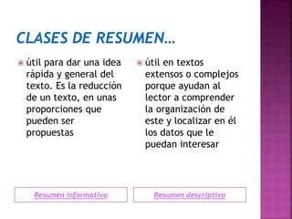 Resumen informativo Resumen descriptivo
 útil para dar una idea
rápida y general del
texto. Es la reducción
de un texto, en unas
proporciones que
pueden ser
propuestas
 útil en textos
extensos o complejos
porque ayudan al
lector a comprender
la organización de
este y localizar en él
los datos que le
puedan interesar
 