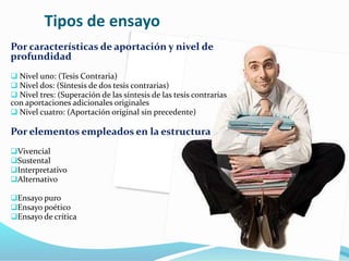 Tipos de ensayo
Por características de aportación y nivel de
profundidad
 Nivel uno: (Tesis Contraria)
 Nivel dos: (Síntesis de dos tesis contrarias)
 Nivel tres: (Superación de las síntesis de las tesis contrarias
con aportaciones adicionales originales
 Nivel cuatro: (Aportación original sin precedente)
Por elementos empleados en la estructura
Vivencial
Sustental
Interpretativo
Alternativo
Ensayo puro
Ensayo poético
Ensayo de crítica
 
