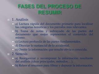 1. Análisis
 a) Lectura rápida del documento primario para localizar
las categorías temáticas y los párrafos más relevantes.
 b) Toma de notas y subrayado de las partes del
documento que mejor representen el contenido del
mismo.
 c) Lectura profunda de las partes fundamentales.
 d) Disociar lo sustancial de lo accidental.
 e) Omitir la información que resulte obvia o conocida.
 2. Síntesis
 a) Reorganizar y recomponer la información resultante
del análisis (ideas principales, métodos… ).
 b) Releer el resumen para filtrar y depurar la información.
 