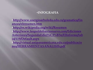 •INFOGRAFIA
•http://www.usergioarboleda.edu.co/gramatica/fin
anzas/elresumen.htm
•http://es.wikipedia.org/wiki/Resumen
•http://www.leopoldobarrionuevo.com/Ediciones
Anteriores/SegundaEdici%C3%B3n/ElInforme/tab
id/119/Default.aspx
•http://virtual.unipanamericana.edu.co/publicacio
nes/HERRAMIENTASANALISIS.pdf
 
