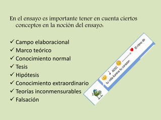 En el ensayo es importante tener en cuenta ciertos
conceptos en la noción del ensayo:
 Campo elaboracional
 Marco teórico
 Conocimiento normal
 Tesis
 Hipótesis
 Conocimiento extraordinario
 Teorías inconmensurables
 Falsación
 