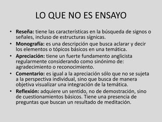 LO QUE NO ES ENSAYO
• Reseña: tiene las características en la búsqueda de signos o
señales, incluso de estructuras sígnicas.
• Monografía: es una descripción que busca aclarar y decir
los elementos o tópicos básicos en una temática.
• Apreciación: tiene un fuerte fundamento anglicista
regularmente considerando como sinónimo de:
agradecimiento o reconocimiento.
• Comentario: es igual a la apreciación sólo que no se sujeta
a la perspectiva individual, sino que busca de manera
objetiva visualizar una integración de la temática.
• Reflexión: adquiere un sentido, no de demostración, sino
de cuestionamientos básicos. Tiene una presencia de
preguntas que buscan un resultado de meditación.
 
