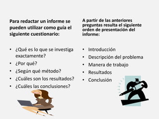 Para redactar un informe se
pueden utilizar como guía el
siguiente cuestionario:
• ¿Qué es lo que se investiga
exactamente?
• ¿Por qué?
• ¿Según qué método?
• ¿Cuáles son los resultados?
• ¿Cuáles las conclusiones?
A partir de las anteriores
preguntas resulta el siguiente
orden de presentación del
informe:
• Introducción
• Descripción del problema
• Manera de trabajo
• Resultados
• Conclusión
 