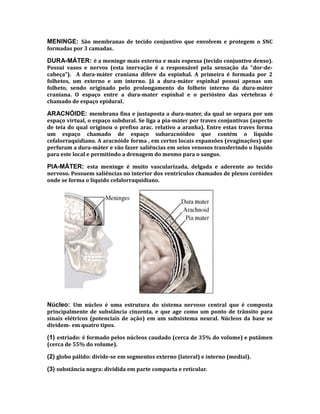 MENINGE: São membranas de tecido conjuntivo que envolvem e protegem o SNC
formadas por 3 camadas.
DURA-MÁTER: é a meninge mais externa e mais espessa (tecido conjuntivo denso).
Possui vasos e nervos (esta inervação é a responsável pela sensação da "dor-de-
cabeça"). A dura-máter craniana difere da espinhal. A primeira é formada por 2
folhetos, um externo e um interno. Já a dura-máter espinhal possui apenas um
folheto, sendo originado pelo prolongamento do folheto interno da dura-máter
craniana. O espaço entre a dura-mater espinhal e o periósteo das vértebras é
chamado de espaço epidural.
ARACNÓIDE: membrana fina e justaposta a dura-mater, da qual se separa por um
espaço virtual, o espaço subdural. Se liga a pia-máter por traves conjuntivas (aspecto
de teia do qual originou o prefixo arac. relativo a aranha). Entre estas traves forma
um espaço chamado de espaço subaracnóideo que contém o líquido
cefalorraquidiano. A aracnóide forma , em certos locais expansões (evaginações) que
perfuram a dura-máter e vão fazer saliências em seios venosos transferindo o líquido
para este local e permitindo a drenagem do mesmo para o sangue.
PIA-MÁTER: esta meninge é muito vascularizada, delgada e aderente ao tecido
nervoso. Possuem saliências no interior dos ventrículos chamados de plexos coróides
onde se forma o líquido cefalorraquidiano.
Núcleo: Um núcleo é uma estrutura do sistema nervoso central que é composta
principalmente de substância cinzenta, e que age como um ponto de trânsito para
sinais elétricos (potenciais de ação) em um subsistema neural. Núcleos da base se
dividem- em quatro tipos.
(1) estriado: é formado pelos núcleos caudado (cerca de 35% do volume) e putâmen
(cerca de 55% do volume).
(2) globo pálido: divide-se em segmentos externo (lateral) e interno (medial).
(3) substância negra: dividida em parte compacta e reticular.
 