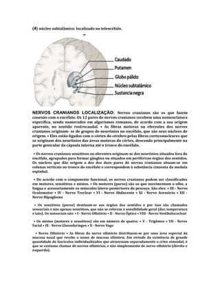 (4) núcleo subtalâmico: localizado no telencéfalo.
NERVOS CRANIANOS LOCALIZAÇÃO: Nervos cranianos são os que fazem
conexão com o encéfalo. Os 12 pares de nervos cranianos recebem uma nomenclatura
específica, sendo numerados em algarismos romanos, de acordo com a sua origem
aparente, no sentido rostrocaudal. • As fibras motoras ou eferentes dos nervos
cranianos originam- se de grupos de neurônios no encéfalo, que são seus núcleos de
origem. • Eles estão ligados com o córtex do cérebro pelas fibras corticonucleares que
se originam dos neurônios das áreas motoras do córtex, descendo principalmente na
parte genicular da cápsula interna até o tronco do encéfalo.
• Os nervos cranianos sensitivos ou aferentes originam-se dos neurônios situados fora do
encéfalo, agrupados para formar gânglios ou situados em periféricos órgãos dos sentidos.
Os núcleos que dão origem a dez dos doze pares de nervos cranianos situam-se em
colunas verticais no tronco do encéfalo e correspondem à substância cinzenta da medula
espinhal.
• De acordo com o componente funcional, os nervos cranianos podem ser classificados
em motores, sensitivos e mistos. • Os motores (puros) são os que movimentam o olho, a
língua e acessoriamente os músculos látero-posteriores do pescoço. São eles: • III - Nervo
Oculomotor • IV - Nervo Troclear • VI - Nervo Abducente • XI - Nervo Acessório • XII -
Nervo Hipoglosso
• Os sensitivos (puros) destinam-se aos órgãos dos sentidos e por isso são chamados
sensoriais e não apenas sensitivos, que não se referem à sensibilidade geral (dor, temperatura
e tato). Os sensoriais são: • I - Nervo Olfatório • II - Nervo Óptico • VIII - Nervo Vestibulococlear
• Os mistos (motores e sensitivos) são em número de quatro: • V - Trigêmeo • VII - Nervo
Facial • IX - Nervo Glossofaríngeo • X - Nervo Vago
• Nervo Olfatório • As fibras do nervo olfatório distribuem-se por uma área especial da
mucosa nasal que recebe o nome de mucosa olfatória. Em virtude da existência de grande
quantidade de fascículos individualizados que atravessam separadamente o crivo etmoidal, é
que se costuma chamar de nervos olfatórios, e não simplesmente de nervo olfatório (direito e
esquerdo).
 