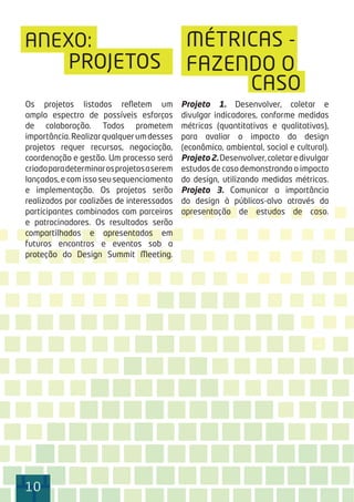 10101010
ANEXO:
Os projetos listados reﬂetem um
amplo espectro de possíveis esforços
de colaboração. Todos prometem
importância.Realizarqualquerumdesses
projetos requer recursos, negociação,
coordenação e gestão. Um processo será
criadoparadeterminarosprojetosaserem
lançados, e com isso seu sequenciamento
e implementação. Os projetos serão
realizados por coalizões de interessados
participantes combinados com parceiros
e patrocinadores. Os resultados serão
compartilhados e apresentados em
futuros encontros e eventos sob a
proteção do Design Summit Meeting.
Projeto 1. Desenvolver, coletar e
divulgar indicadores, conforme medidas
métricas (quantitativas e qualitativas),
para avaliar o impacto do design
(econômico, ambiental, social e cultural).
Projeto2.Desenvolver,coletaredivulgar
estudos de caso demonstrando o impacto
do design, utilizando medidas métricas.
Projeto 3. Comunicar a importância
do design à públicos-alvo através da
apresentação de estudos de caso.
PROJETOS
MÉTRICAS -
FAZENDO O
CASO
 