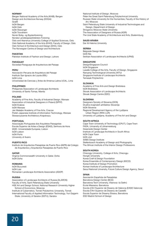 20
14 MONTREAL DESIGN DECLARATION
NORWAY
Bergen National Academy of the Arts (KHiB), Bergen
Design and Architecture Norway (DOGA)
Grafill
IxDA Bergen
IxDA Oslo
IxDA Stavanger
IxDA Trondheim
Norsk Bolig- og Byplanforening
Norske Landskapsarkitekters Forening
Oslo and Akershus University College of Applied Sciences, Oslo
Oslo National Academy of the Arts (KHiO), Faculty of Design, Oslo
Oslo School of Architecture and Design (AHO), Oslo
The Norwegian Centre of Design and Architecture
PAKISTAN
Pakistan Institute of Fashion and Design, Lahore
PARAGUAY
Sociedad Paraguaya de Arquitectura del Paisaje
PERU
Asociación Peruana de Arquitetura del Paisaje
Instituto San Ignacio de Loyola (ISIL)
IxDA Lima
Universidad de Ciencias y Artes de América Latina UCAL, Lima
PHILIPPINES
Philippines Association of Landscape Architects
University of Santo Tomas, Manila
POLAND
Academy of Fine Arts, Faculty of Industrial Design, Warsaw
Association of Industrial Designers in Poland (SPFP)
IxDA Krakow
IxDA Warsaw
Jan Matejko Academy of Fine Arts, Cracow
Stowarzyszenie Architektury Krajobrazu
PORTUGAL
Associação Portuguesa dos Arquitetos Paisagistas
Escola Superior de Artes e Design (ESAD), Senhora da Hora
IxDA Lisbon
IxDA Porto
University of Aveiro
PUERTO RICO
Instituto de Arquitectos Paisajistas de Puerto Rico (IAPR) del Colegio
de Arquitectos y Arquitectos Paisajistas de Puerto Rico
QATAR
Virginia Commonwealth University in Qatar, Doha
IxDA Doha
ROMAINA
IxDA Bucuresti
IxDA Lasi
Romanian Landscape Architects Association (ASOP)
RUSSIA
Association of Landscape Architects of Russia (ALAROS)
Faculty of Arts, Saint Petersburg State University
HSE Art and Design School, National Research University Higher
School of Economics, Moscow
Institute of Cybernetics, Tomsk Polytechnic University, Tomsk
International Faculty of Applied Information Technology, Yuri Gagarin
State, University of Saratov (SSTU), Saratov
National Institute of Design, Moscow
Peter the Great Saint Petersburg Polytechnical University
Russian State University for the Humanities, Faculty of the History of
Art, Moscow
Saint Petersburg State University of Industrial Technologies and
Design, Department of Design
Stroganov Moscow State University
The Association of Designers of Russia (ADR)
The Ural State Academy of Architecture and Arts, Ekaterinburg
SAUDI ARABIA
Dar Al-Hekma University
SERBIA
Belgrade Design Week
IxDA Nis
Serbian Association of Landscape Architects (UPAS)
SINGAPORE
DesignSingapore Council
IxDA Singapore
Lasalle College of the Arts, Faculty of Design, Singapore
Nanyang Technological University (NTU)
Singapore Institute of Landscape Architects
Temasek Polytechnic
SLOVAKIA
Academy of Fine Arts and Design Bratislava
IxDA Bratislava
Slovak Association of Landscape Architects
Slovak Design Centre (SDC)
SLOVENIA
Designers Society of Slovenia (DOS)
Dru tvo krajinskih arhitektov Slovenije
IxDA Slovenia
Regional Development Agency of the Ljubljana
Urban Region (RRA LUR)
University of Ljubljana, Academy of Fine Art and Design
SOUTH AFRICA
Cape Town University of Technology (CPUT), Cape Town
FADA, University of Johannesburg
Greenside Design Center
Institute of Landscape Architects in South Africa
IxDA Cape Town
IxDA Jozi
SABS Design Institute
Stellenbosch Academy of Design and Photography
The African Institute of the Interior Design Professions
SOUTH KOREA
Cheongju University, College of Arts, Cheongju
Hongik University
Korea Craft & Design Foundation
Korea Ensemble of Contemporary Design (KECD)
Korea Institute of Design Promotion
Korean Institute of Landscape Architecture
Seoul National University, Future Culture Design Agency, Seoul
SPAIN
Asociación Española de Paisajistas
Barcelona Design Center (BCD)
Barcelona Tech University, Vilanova i la Geltrú
Ecola Massana, Barcelona
Escola d’Art Superior de Disseny de Valencia (EASD Valencia)
Escola D´Art Superior de Disseny de Castelló
Escola Superior de Disseny Elisava, Barcelona
ESD Madrid School of Design
 