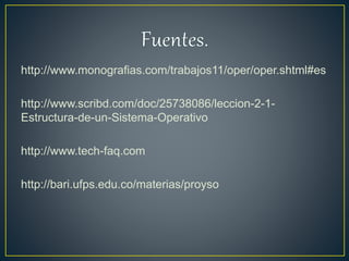 http://www.monografias.com/trabajos11/oper/oper.shtml#es
http://www.scribd.com/doc/25738086/leccion-2-1-
Estructura-de-un-Sistema-Operativo
http://www.tech-faq.com
http://bari.ufps.edu.co/materias/proyso
 