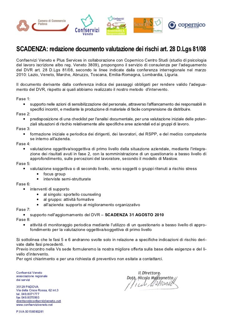 Documento valutazione rischi Confservizi Documento valutazione rischi Confservizi