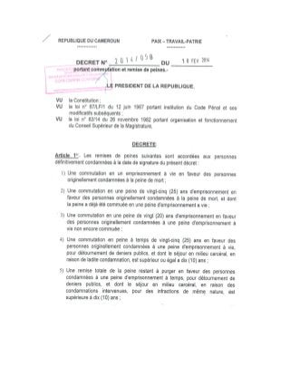 Décret présidentiel du 18 février 2014 portant commutation et remise de peine de personnalités telles Michel Thierry Atangana et Titus Edzoa