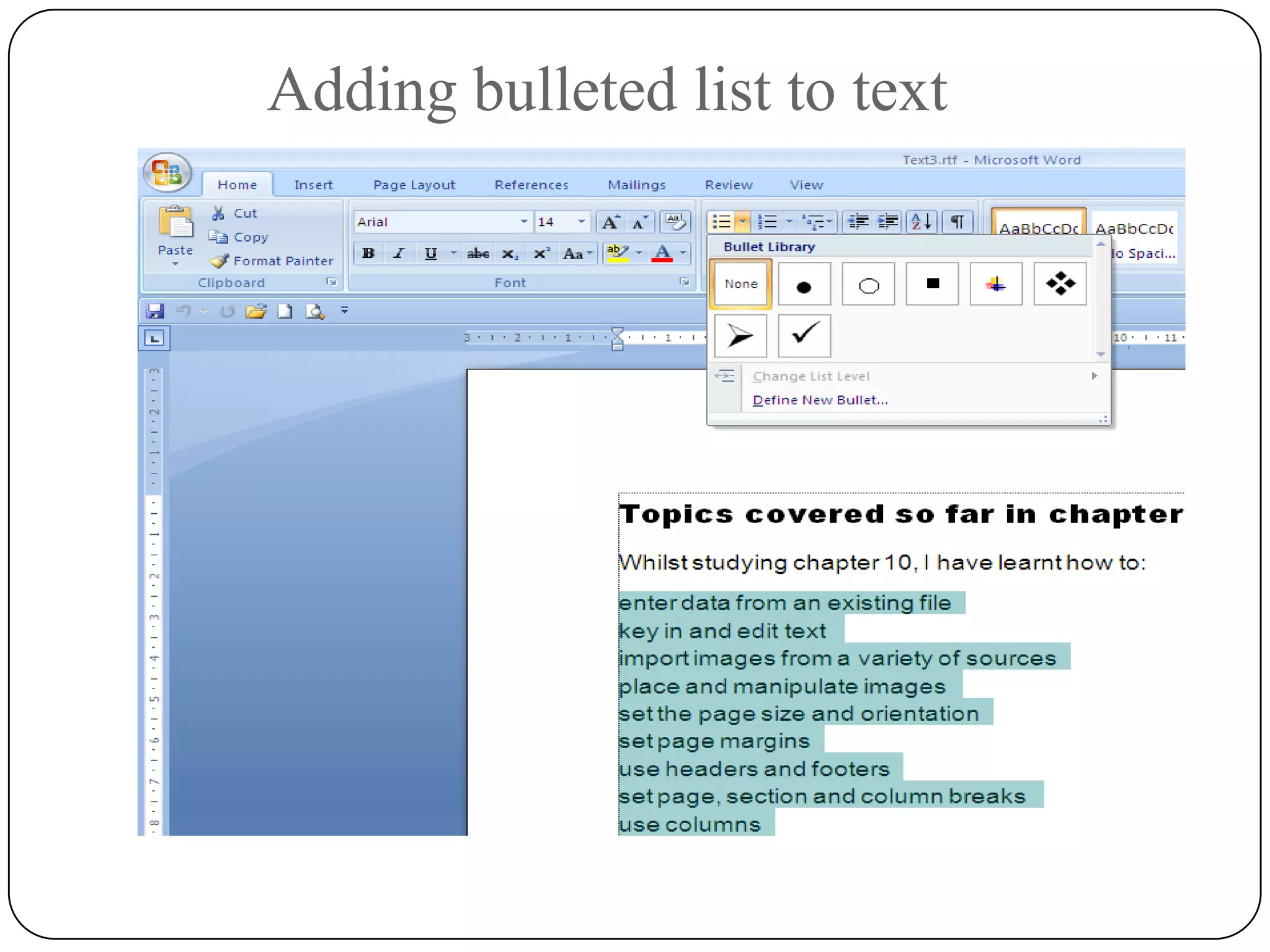 Adding bulleted list to text
 
