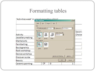 Formatting tables
 