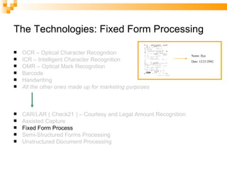 The Technologies: Fixed Form Processing OCR – Optical Character Recognition ICR – Intelligent Character Recognition OMR – Optical Mark Recognition Barcode Handwriting All the other ones made up for marketing purposes CAR/LAR ( Check21 ) – Courtesy and Legal Amount Recognition Assisted Capture Fixed Form Process Semi-Structured Forms Processing Unstructured Document Processing Name: Ilya Date: 12/21/2982 