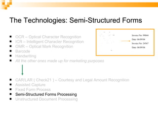 The Technologies: Semi-Structured Forms OCR – Optical Character Recognition ICR – Intelligent Character Recognition OMR – Optical Mark Recognition Barcode Handwriting All the other ones made up for marketing purposes CAR/LAR ( Check21 ) – Courtesy and Legal Amount Recognition Assisted Capture Fixed Form Process Semi-Structured Forms Processing Unstructured Document Processing Invoice No: 99044 Date: 06/09/04 Invoice No: 24567 Date: 06/09/04 