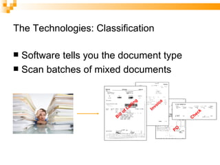 The Technologies: Classification Software tells you the document type Scan batches of mixed documents Bill of Lading Invoice Check PO 