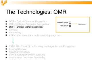 The Technologies: OMR OCR – Optical Character Recognition ICR – Intelligent Character Recognition OMR – Optical Mark Recognition Barcode Handwriting All the other ones made up for marketing purposes CAR/LAR ( Check21 ) – Courtesy and Legal Amount Recognition Assisted Capture Fixed Form Process Semi-Structured Forms Processing Unstructured Document Processing Card Account 