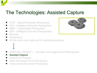 The Technologies: Assisted Capture OCR – Optical Character Recognition ICR – Intelligent Character Recognition OMR – Optical Mark Recognition IDR – Intelligent Document Recognition Barcode Handwriting All the other ones made up for marketing purposes CAR/LAR ( Check21 ) – Courtesy and Legal Amount Recognition Assisted Capture Fixed Form Process Semi-Structured Forms Processing Unstructured Document Processing 