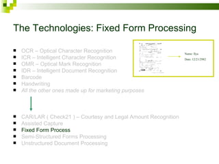 The Technologies: Fixed Form Processing OCR – Optical Character Recognition ICR – Intelligent Character Recognition OMR – Optical Mark Recognition IDR – Intelligent Document Recognition Barcode Handwriting All the other ones made up for marketing purposes CAR/LAR ( Check21 ) – Courtesy and Legal Amount Recognition Assisted Capture Fixed Form Process Semi-Structured Forms Processing Unstructured Document Processing Name: Ilya Date: 12/21/2982 