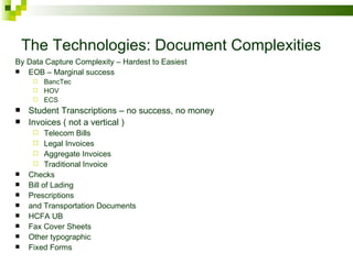 The Technologies: Document Complexities By Data Capture Complexity – Hardest to Easiest EOB – Marginal success BancTec HOV ECS Student Transcriptions – no success, no money Invoices ( not a vertical ) Telecom Bills Legal Invoices Aggregate Invoices Traditional Invoice Checks Bill of Lading  Prescriptions and Transportation Documents HCFA UB Fax Cover Sheets Other typographic Fixed Forms 