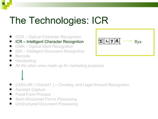 The Technologies: ICR OCR – Optical Character Recognition ICR – Intelligent Character Recognition OMR – Optical Mark Recognition IDR – Intelligent Document Recognition Barcode Handwriting All the other ones made up for marketing purposes CAR/LAR ( Check21 ) – Courtesy and Legal Amount Recognition Assisted Capture Fixed Form Process Semi-Structured Forms Processing Unstructured Document Processing Ilya 