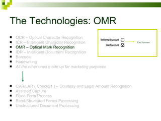 The Technologies: OMR OCR – Optical Character Recognition ICR – Intelligent Character Recognition OMR – Optical Mark Recognition IDR – Intelligent Document Recognition Barcode Handwriting All the other ones made up for marketing purposes CAR/LAR ( Check21 ) – Courtesy and Legal Amount Recognition Assisted Capture Fixed Form Process Semi-Structured Forms Processing Unstructured Document Processing Card Account 