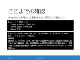 ここまでの確認
Wikipedia から見出しと要約を 5,000 記事分だけ抽出した
2014/6/20 社内勉強会資料 33
$ wc -l *-5000.txt
5000 abstract-5000.txt
5000 title-5000.txt
10000 合計
$ paste title-5000.txt abstract-5000.txt | head -n 1000 |
tail -n 1 | sed 's/¥t/¥n/'
講座派
講座派（こうざは）とは、日本資本主義論争において労農派と対抗した
マルクス主義者の一派。岩波書店から1930年代前半に出版された、『日
本資本主義発達史講座』を執筆したグループが中心となったのでこう呼
ばれる。
 