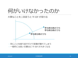 何がいけなかったのか
大事なことを二回言うと TF-IDF が変わる
2014/6/20 社内勉強会資料 45
李も桃も桃のうち
李も桃も桃のうち
李も桃も桃のうち
◦ 同じことを繰り返すだけで距離が離れてしまう
◦ 一般的には長い文書ほど TF-IDF が大きくなる
 