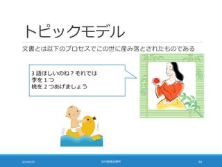 トピックモデル
文書とは以下のプロセスでこの世に産み落とされたものである
2014/6/20 社内勉強会資料 64
3 語ほしいのね？それでは
李を 1 つ
桃を 2 つあげましょう
 