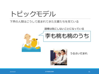 トピックモデル
下界の人間はこうして産まれてきた文書たちを見ている
2014/6/20 社内勉強会資料 65
李も桃も桃のうち
うるさいだまれ
語順は気にしないことになっている
 