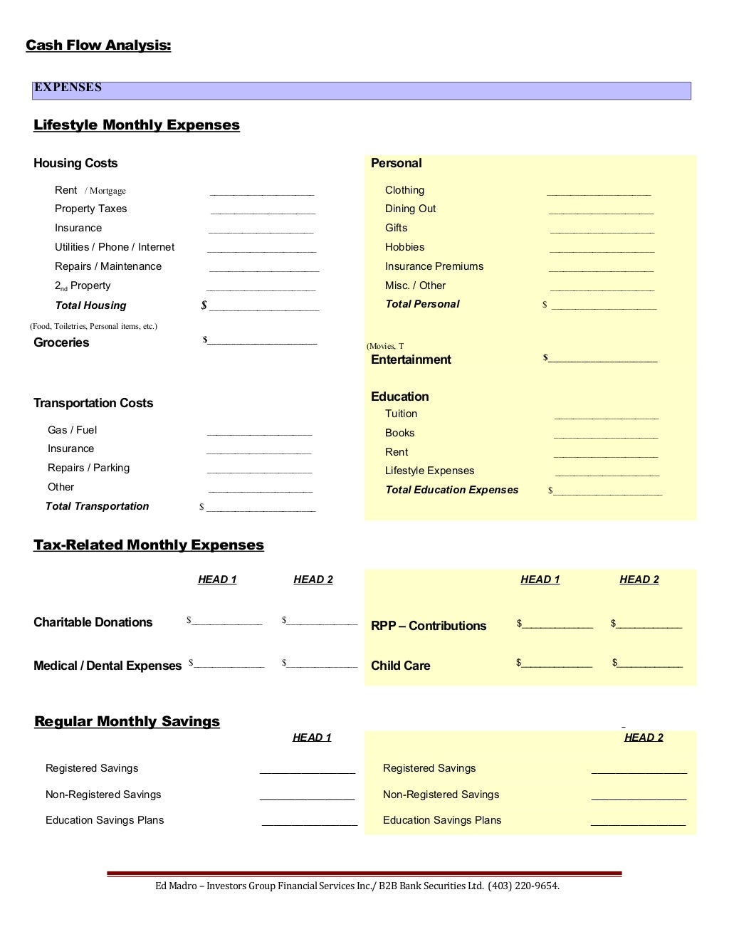 Worksheet Cash Flow Analysis