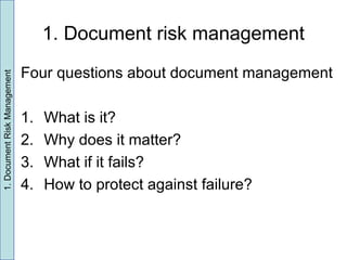 1. Document risk management
Four questions about document management
1. What is it?
2. Why does it matter?
3. What if it fails?
4. How to protect against failure?
1.DocumentRiskManagement
 