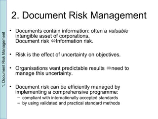 2. Document Risk Management
• Documents contain information: often a valuable
intangible asset of corporations.
Document risk Information risk.
• Risk is the effect of uncertainty on objectives.
• Organisations want predictable results need to
manage this uncertainty.
• Document risk can be efficiently managed by
implementing a comprehensive programme:
– compliant with internationally accepted standards
– by using validated and practical standard methods
1.DocumentRiskManagement
 