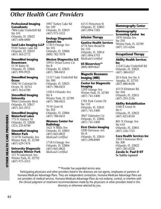 Other Health Care Providers
Professional Imaging
Consultants
7806 Lake Underhill Rd
Ste 101
Orlando, FL 32822
(407) 608-6800

5907 Turkey Lake Rd
Ste 109
Orlando, FL 32819
(407) 975-3315

SimonMed Imaging
Ocoee
9582 W Colonial Dr
Ocoee, FL 34761
(407) 363-6700

11317 Lake Underhill Rd
Ste 300
Orlando, FL 32825
(407) 788-0455

615 E Princeton St
Orlando, FL 32803
(407) 894-7185

Mammography Center

Mammography
Screening Center Inc
Infusion Therapy
1870 Aloma Ave
Urology Diagnostic
Ste 250
Centers Inc
Gentiva Health Services Winter Park, FL 32789
Sand Lake Imaging LLLP 1720 S Orange Ave
4776 New Broad St
(407) 331-6266
9350 Turkey Lake Rd
Ste 101
Ste 110
Orlando, FL 32819
Orlando, FL 32806
Orlando, FL 32814
Occupational Therapy
(407) 363-2772
(800) 782-7078
(407) 894-5703
SimonMed Imaging
Weston Diagnostics LLC Medicaid Certified
Ability Health Services
Downtown
10931 Dylan Loren Cir
Inc
US Bioservices**
51 W Kaley St
Ste B
11543 Lake Underhill Rd
(800) 809-0647
Orlando, FL 32806
Orlando, FL 32825
Orlando, FL 32825
(407) 999-9925
(407) 788-0455
(407) 380-0357

OTHER HEALTH CARE PROVIDERS

SimonMed Imaging
University
9964 University Blvd
Orlando, FL 32817
(407) 261-2915

82

SimonMed Imaging
Waterford Lakes
775 N Alafaya Trl
Orlando, FL 32828
(321) 235-8700
SimonMed Imaging
Winter Park
1110 W Fairbanks Ave
Winter Park, FL 32789
(407) 629-7474
University Diagnostic
Institute Winter Park
111 N Lakemont Ave
Winter Park, FL 32792
(407) 975-3315

1320 S Orlando Ave
Ste 4
Winter Park, FL 32789
(407) 788-0455
70 W Gore St
Ste 202
Orlando, FL 32806
(407) 788-0455
Womens Center For
Radiology
1621 N Mills Ave
Orlando, FL 32803
(407) 841-0822
Medicaid Certified
1718 S Orange Ave
Orlando, FL 32806
(407) 841-0822
Medicaid Certified

Magnetic Resonance
Imaging (MRI)

Center for Diagnostic
Imaging
1295 Orange Ave
Winter Park, FL 32789
(407) 741-5400
1781 Park Center Dr
Ste 110
Orlando, FL 32835
(407) 741-5400
3847 Oakwater Cir
Orlando, FL 32806
(407) 741-5400
First Choice Imaging
5200 Davisson Ave
Ste B
Orlando, FL 32810
(407) 298-8989

20 S Park Ave Ste A
Apopka, FL 32703
(407) 880-8438
453 N Kirkman Rd
Ste 104
Orlando, FL 32811
(407) 293-3156
Ability Rehabilitation
5540 E Grant St
Ste C
Orlando, FL 32822
(407) 823-8550
801 N Orange Ave
Ste 610
Orlando, FL 32801
(407) 236-7155
Cora Health Services Inc
3303 S Semoran Blvd
Ste 300
Orlando, FL 32822
(407) 281-0228
Zavala Sr, Paul D OT
Se habla espanol

** Provider has expanded service area.
Participating physicians and other providers listed in the directory are not agents, employees or partners of
Humana Medicare Advantage Plans. They are independent contractors. Humana Medicare Advantage Plans are
not providers of medical services. Humana Medicare Advantage Plans do not endorse, control, or interfere with
the clinical judgment or treatment recommendations made by the physicians or other providers listed in this
directory or otherwise selected by you.

 