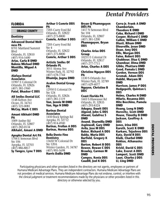 Dental Providers
FLORIDA

Dental Providers

ORANGE COUNTY

Dentistry
Advanced Dental Wellness PA
8701 Maitland Summit
Blvd
Orlando, FL 32810
(407) 916-1600
Arias, Carla B DMD
Baleno Michael DMD
Montilla, Miguel A
DMD
Alafaya Dental
Associates
11907 E Colonial Dr
Orlando, FL 32826
(407) 381-1960
Patel, Bhasker C DDS
All Smiles Dental LLC
1148 Kelton Ave
Ocoee, FL 34761
(407) 521-0081
McCoy, Mark C DDS

Apopka Dental Art PA
1706 E Semoran Blvd
Ste 106
Apopka, FL 32703
(407) 886-8817
Sy Tangco, Lyne T DDS

7205 Curry Ford Rd
Ste 4
Orlando, FL 32822
(407) 275-8800
Comrie, Arthur S DDS
Artistic Smiles Of
Orlando PL
3011 Aloma Ave
Winter Park, FL 32792
(407) 678-7744
Dhamija, Jugnu DMD
Avalon Dental Group
PA
12950 E Colonial Dr
Ste 124
Orlando, FL 32826
(407) 281-1119
Van, Jennie M DMD
Van, Nga N DMD
Barinas Dental
Associates
1450 Rock Springs Rd
Apopka, FL 32712
(407) 814-4940
Barinas, Froilan A DDS
Barinas, Norma DDS
Bella Dente Fine
Dentistry
13650 W Colonial Dr
Ste 120A
Winter Garden, FL 34787
(407) 905-5698
Harris Dalila DMD

Bryan Q Phamnguyen
DDS PA
1417 N Semoran Blvd
Ste 104
Orlando, FL 32807
(407) 381-1200
Phamnguyen, Bryan
DDS
Charles Arias DDS
Group
10231 E Colonial Dr
Orlando, FL 32817
(407) 277-7711
Arias, Charles A DDS
Christine Nguyen DDS
PA
1330 S Orlando Ave
Winter Park, FL 32789
(407) 629-4077
Nguyen, Christine B
DDS
Coast Florida PA
1603 S Hiawassee Rd
Orlando, FL 32835
(407) 293-8324
Adugna, Dawit DDS
Algood, John G DDS
Alwani, Gulafroz S
DMD
Anand, Sharmilla DMD
Aspinwall, Gary DMD
Avila, Jose M DDS
Baker, Richard A DDS
Balda, Maria DDS
Barfield, Gregory K
DDS
Barton, Robert B DDS
Bowen, Rewan C DDS
Brawley, Carmen M
DMD
Campos, Kenia DDS
Caudill, Joel K DDS

Cerra Jr, Frank A DMD
Chamberlain,
Theodore K DMD
Coba, Richard I DMD
Cooper, Richard C DMD
Cullen, William C DMD
Diasti, Riham DMD
Dieuveille, Josue DMD
Doan, Amy DDS
Ellis, Morgan DDS
Faine, Robert DDS
Ghabbour, Diaa G DMD
Ghandour, Dima DMD
Gibbs, Phattara DMD
Good, Pamala L DMD
Gordon, Vernon DDS
Gromak, Adam DDS
Habibi, Maryam M
DMD
Harrison, James P DDS
Hedgepeth, Quinton L
DDS
Helms, Charles N DMD
Hilario, Rosanna DDS
Hite Bocchino, Pamela
DMD
Hoang, Long N DMD
Horovitz, Scott DMD
House, Timothy B DMD
Jackson, Geoffrey A
DDS
Jones, Irina DDS
Kareth, Scott K DMD
Karkare, Tejashree DDS
Katz, David R DDS
Klaib, Charbel DMD
Kokkas, Athanasios
DDS
Krickl, David G DDS
Lake, Everet A DDS
Lampert, Scott DMD
Laun, Charles J DDS
Li, Ling DMD

Participating physicians and other providers listed in the directory are not agents, employees or partners of
Humana Medicare Advantage Plans. They are independent contractors. Humana Medicare Advantage Plans are
not providers of medical services. Humana Medicare Advantage Plans do not endorse, control, or interfere with
the clinical judgment or treatment recommendations made by the physicians or other providers listed in this
directory or otherwise selected by you.

95

DENTAL PROVIDERS

Amani Alkhairi DMD
PA
1009 Amber Rd
Orlando, FL 32807
(407) 282-0134
Alkhairi, Amani A DMD

Arthur S Comrie DDS
PA
7205 Curry Ford Rd
Orlando, FL 32822
(407) 275-8800
Comrie, Arthur S DDS

 