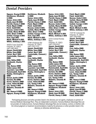 Dental Providers

DENTAL PROVIDERS

Nguyen, Dzung B DMD
Nochimson, Elizabeth
G DMD
Nunez, Erick J DDS
Ojeda, Juan M DMD
Parrish, Danny C DMD
Patel, Ripal A DMD
Patel, Sushil DDS
Russow, Linda K DDS
Sachde, Manu M DMD
Sider, Brian A DMD
Sonbol, George A DDS
Tran, Faye DDS
Ward, Michael A DDS
White, Anthony L DDS
4442A Curry Ford Rd
Orlando, FL 32812
(407) 482-5855
Amaro, David DDS
Bifsha, Enea DMD
Carter, Ben F DDS
Contestable, Clement J
DMD
Cruz, Belisa DMD
Earnhardt, Charles
DMD
Fidy, Ramez DMD
Gabel, James DDS
Guarnieri, Sam DMD
Hammoudeh, Basil DDS
Henley, Christopher J
DMD
Katsur, Justin J DMD
Kaviani, Kia DMD
Koren, Daniel L DMD
Lazar, Adam M DMD
Lee, Young S DDS
McIntire, Amanda M
DMD
Mir, Hamza U DMD
Nguyen, Dzung B DMD

Nochimson, Elizabeth
G DMD
Nunez, Erick J DDS
Ojeda, Juan M DMD
Parrish, Danny C DMD
Patel, Ripal A DMD
Patel, Sushil DDS
Russow, Linda K DDS
Sachde, Manu M DMD
Sider, Brian A DMD
Sonbol, George A DDS
Tran, Faye DDS
Ward, Michael A DDS
White, Anthony L DDS
4780 S Kirkman Rd
Orlando, FL 32811
(407) 292-7373
Amaro, David DDS
Bifsha, Enea DMD
Carter, Ben F DDS
Contestable, Clement J
DMD
Cruz, Belisa DMD
Earnhardt, Charles
DMD
Fidy, Ramez DMD
Gabel, James DDS
Guarnieri, Sam DMD
Hammoudeh, Basil DDS
Henley, Christopher J
DMD
Katsur, Justin J DMD
Kaviani, Kia DMD
Koren, Daniel L DMD
Lazar, Adam M DMD
Lee, Young S DDS
McIntire, Amanda M
DMD
Mir, Hamza U DMD
Nguyen, Dzung B DMD
Nochimson, Elizabeth
G DMD

Nunez, Erick J DDS
Ojeda, Juan M DMD
Parrish, Danny C DMD
Patel, Ripal A DMD
Patel, Sushil DDS
Russow, Linda K DDS
Sachde, Manu M DMD
Sider, Brian A DMD
Sonbol, George A DDS
Tran, Faye DDS
Ward, Michael A DDS
White, Anthony L DDS
5316 Central Florida
Pkwy
Orlando, FL 32821
(407) 239-9557
Amaro, David DDS
Bifsha, Enea DMD
Carter, Ben F DDS
Contestable, Clement J
DMD
Cruz, Belisa DMD
Earnhardt, Charles
DMD
Fidy, Ramez DMD
Gabel, James DDS
Guarnieri, Sam DMD
Hammoudeh, Basil DDS
Katsur, Justin J DMD
Kaviani, Kia DMD
Koren, Daniel L DMD
Lazar, Adam M DMD
Lee, Young S DDS
McIntire, Amanda M
DMD
Mir, Hamza U DMD
Nguyen, Dzung B DMD
Nochimson, Elizabeth
G DMD
Nunez, Erick J DDS
Ojeda, Juan M DMD
Parrish, Danny C DMD

Patel, Ripal A DMD
Patel, Sushil DDS
Russow, Linda K DDS
Sachde, Manu M DMD
Sider, Brian A DMD
Sonbol, George A DDS
Tran, Faye DDS
Ward, Michael A DDS
White, Anthony L DDS
7319 W Colonial Dr
Orlando, FL 32818
(407) 294-9200
Amaro, David DDS
Bifsha, Enea DMD
Carter, Ben F DDS
Contestable, Clement J
DMD
Cruz, Belisa DMD
Earnhardt, Charles
DMD
Fidy, Ramez DMD
Gabel, James DDS
Guarnieri, Sam DMD
Hammoudeh, Basil DDS
Henley, Christopher J
DMD
Katsur, Justin J DMD
Kaviani, Kia DMD
Koren, Daniel L DMD
Lazar, Adam M DMD
Lee, Young S DDS
McIntire, Amanda M
DMD
Mir, Hamza U DMD
Nguyen, Dzung B DMD
Nochimson, Elizabeth
G DMD
Nunez, Erick J DDS
Ojeda, Juan M DMD
Parrish, Danny C DMD
Patel, Ripal A DMD
Patel, Sushil DDS

Participating physicians and other providers listed in the directory are not agents, employees or partners of
Humana Medicare Advantage Plans. They are independent contractors. Humana Medicare Advantage Plans are
not providers of medical services. Humana Medicare Advantage Plans do not endorse, control, or interfere with
the clinical judgment or treatment recommendations made by the physicians or other providers listed in this
directory or otherwise selected by you.

102

 