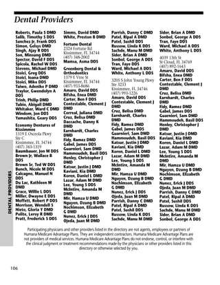 Dental Providers

DENTAL PROVIDERS

Roberts, Paula S DMD
Salib, Timothy S DDS
Sanchez Jr, Frank DDS
Simon, Gelsys DMD
Singh, Ajay R DDS
Son, Minsung DMD
Spector, David F DDS
Spicola, Rachel W DDS
Stevens, Michael DMD
Stoici, Greg DDS
Stoici, Ioana DMD
Stoici, Mike DDS
Taiwo, Adenike P DMD
Traylor, Gwendolyn A
DDS
Trinh, Philip DMD
Tubio, Abigail DMD
Whitaker, Ward C DMD
Windom, Jon DDS
Yamashita, Geary DDS
Economy Dentures of
Kissimmee
1319 E Osceola Pkwy
Ste C
Kissimmee, FL 34744
(407) 343-1319
Baumbauer, Jon M DDS
Brown Jr, Wallace B
DDS
Brown Sr, Ted W DDS
Bunch, Nicole M DDS
Calcagno, Manuel N
DDS
Du Lac, Kathleen M
DMD
Grace, Willie L DDS
Miller, Dwayne E DDS
Moffett, Robert P DDS
Morrison, Wendell S
Nieto, Gloria Y DMD
Polite, Leroy R DMD
Pratt, Frederick S DDS

Simms, David DMD
White, Preston B DMD
Fortune Dental
2324 Fortune Rd
Kissimmee, FL 34744
(407) 348-2002
Mamsa, Asma DDS
Greenberg Dental &
Orthodontics
1379 E Vine St
Kissimmee, FL 34744
(407) 933-8686
Amaro, David DDS
Bifsha, Enea DMD
Carter, Ben F DDS
Contestable, Clement J
DMD
Correal, Juliana DMD
Cruz, Belisa DMD
Daccache, Danny K
DMD
Earnhardt, Charles
DMD
Fidy, Ramez DMD
Gabel, James DDS
Guarnieri, Sam DMD
Hammoudeh, Basil DDS
Henley, Christopher J
DMD
Katsur, Justin J DMD
Kaviani, Kia DMD
Koren, Daniel L DMD
Lazar, Adam M DMD
Lee, Young S DDS
McIntire, Amanda M
DMD
Mir, Hamza U DMD
Nguyen, Dzung B DMD
Nochimson, Elizabeth
G DMD
Nunez, Erick J DDS
Ojeda, Juan M DMD

Parrish, Danny C DMD
Patel, Ripal A DMD
Patel, Sushil DDS
Russow, Linda K DDS
Sachde, Manu M DMD
Sider, Brian A DMD
Sonbol, George A DDS
Tran, Faye DDS
Ward, Michael A DDS
White, Anthony L DDS
3205 S John Young Pkwy
Ste 3233
Kissimmee, FL 34746
(407) 993-1226
Amaro, David DDS
Contestable, Clement J
DMD
Cruz, Belisa DMD
Earnhardt, Charles
DMD
Fidy, Ramez DMD
Gabel, James DDS
Guarnieri, Sam DMD
Hammoudeh, Basil DDS
Katsur, Justin J DMD
Kaviani, Kia DMD
Koren, Daniel L DMD
Lazar, Adam M DMD
Lee, Young S DDS
McIntire, Amanda M
DMD
Mir, Hamza U DMD
Nguyen, Dzung B DMD
Nochimson, Elizabeth
G DMD
Nunez, Erick J DDS
Ojeda, Juan M DMD
Parrish, Danny C DMD
Patel, Ripal A DMD
Patel, Sushil DDS
Russow, Linda K DDS
Sachde, Manu M DMD

Sider, Brian A DMD
Sonbol, George A DDS
Tran, Faye DDS
Ward, Michael A DDS
White, Anthony L DDS
4039 13th St
St Cloud, FL 34769
(407) 892-1643
Amaro, David DDS
Bifsha, Enea DMD
Carter, Ben F DDS
Contestable, Clement J
DMD
Cruz, Belisa DMD
Earnhardt, Charles
DMD
Fidy, Ramez DMD
Gabel, James DDS
Guarnieri, Sam DMD
Hammoudeh, Basil DDS
Henley, Christopher J
DMD
Katsur, Justin J DMD
Kaviani, Kia DMD
Koren, Daniel L DMD
Lazar, Adam M DMD
Lee, Young S DDS
McIntire, Amanda M
DMD
Mir, Hamza U DMD
Nguyen, Dzung B DMD
Nochimson, Elizabeth
G DMD
Nunez, Erick J DDS
Ojeda, Juan M DMD
Parrish, Danny C DMD
Patel, Ripal A DMD
Patel, Sushil DDS
Russow, Linda K DDS
Sachde, Manu M DMD
Sider, Brian A DMD
Sonbol, George A DDS

Participating physicians and other providers listed in the directory are not agents, employees or partners of
Humana Medicare Advantage Plans. They are independent contractors. Humana Medicare Advantage Plans are
not providers of medical services. Humana Medicare Advantage Plans do not endorse, control, or interfere with
the clinical judgment or treatment recommendations made by the physicians or other providers listed in this
directory or otherwise selected by you.

106

 