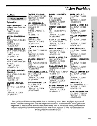 Vision Providers
FLORIDA
ORANGE COUNTY

Vision Providers

CYNTHIA WARD O.D.
10743 NAVCOOSSEE RD
ORLANDO, FL 32832
(407) 658-9990

Optometrist

MARK A COAN O.D.
10101 W COLONIAL DR
STE 100
OCOEE, FL 34761
(407) 445-5170
ROXANNE A ACHONGCOAN O.D.
10101 W COLONIAL DR
STE 100
OCOEE, FL 34761
(407) 445-5170
EDWARD L MATUSIK
O.D.
1017 WEST OAK RIDGE
RD
STE A
ORLANDO, FL 32809
(407) 859-1071

KENNETH J TESINSKY
O.D.
12001 AVALON LAKE DR
STE J
ORLANDO, FL 32828
(407) 567-9955

TIMOTHY W LINCOLN
O.D.
12554 S JOHN YOUNG
PKWY
ORLANDO, FL 32837
(407) 850-0050
MARIA T TARTIBI O.D.
1311 E MICHIGAN ST
ORLANDO, FL 32806
(407) 843-3533
ANDREW R COPELY O.D.
1455 HOLDEN AVE
ORLANDO, FL 32839
(407) 855-3100
JEANINE M HAYEN O.D.
1455 HOLDEN AVE
ORLANDO, FL 32839
(407) 855-3100

JUAN A MENJIVAR O.D.
180 S KNOWLES AVE
SUITE 8
JOHN K FUSSELMAN O.D. WINTER PARK, FL 32789
12187 S ORANGE
(407) 644-1814
BLOSSOM TR
JACK J YAGER O.D.
ORLANDO, FL 32824
214 EAST MARKS ST
(407) 438-6682
ORLANDO, FL 32803
VIVIANA D LOPEZ O.D. (407) 841-6220
12187 S ORANGE
JUSTINE E AGUILAR O.D.
BLOSSOM TR
214 EAST MARKS ST
ORLANDO, FL 32824
ORLANDO, FL 32803
(407) 438-6682
(407) 841-6220

AMITA PATEL O.D.
2155 TOWN CENTER
BLVD
ORLANDO, FL 32837
(407) 240-8012
JEANINE M HAYEN O.D.
2155 TOWN CENTER
BLVD
ORLANDO, FL 32837
(407) 240-8012
JOSEALIX DAVERMAN
O.D.
2155 TOWN CENTER
BLVD
ORLANDO, FL 32837
(407) 240-8012
NOEL A HENRY O.D.
2155 TOWN CENTER
BLVD
ORLANDO, FL 32837
(407) 240-8012
NORMAN L HERSKOVICH
O.D.
2155 TOWN CENTER
BLVD
ORLANDO, FL 32837
(407) 240-8012
WILLIAM C MAHER O.D.
2155 TOWN CENTER
BLVD
ORLANDO, FL 32837
(407) 240-8012
DANNY TU O.D.
2255 S SEMORAN BLVD
ORLANDO, FL 32822
(407) 208-1998
JUAN A MENJIVAR O.D.
2752 E COLONIAL DR
ORLANDO, FL 32803
(407) 893-6222

Participating physicians and other providers listed in the directory are not agents, employees or partners of
Humana Medicare Advantage Plans. They are independent contractors. Humana Medicare Advantage Plans are
not providers of medical services. Humana Medicare Advantage Plans do not endorse, control, or interfere with
the clinical judgment or treatment recommendations made by the physicians or other providers listed in this
directory or otherwise selected by you.

115

VISION PROVIDERS

NEIL E MACALI O.D.
HAJIRA M SHUJAAT O.D. 1155 WINTER GARDEN
10000 W COLONIAL DR VINELAND RD
STE 101
STE 183
WINTER GARDEN, FL
OCOEE, FL 34761
34787
(407) 206-2020
(407) 656-3755
VIKEN A MANGUIKIAN
LILI LAM O.D.
O.D.
10000 W COLONIAL DR 120 W GRANT ST
ORLANDO, FL 32806
STE 183
(407) 420-5954
OCOEE, FL 34761
(407) 206-2020
CECILIA W TESINSKY
ASHLEY Z KIMBLE O.D. O.D.
10101 W COLONIAL DR 12001 AVALON LAKE DR
STE J
STE 100
ORLANDO, FL 32828
OCOEE, FL 34761
(407) 567-9955
(407) 445-5170

ANGELA L ANDERSON
O.D.
12187 S ORANGE
BLOSSOM TRAIL
ORLANDO, FL 32837
(407) 438-6682

 