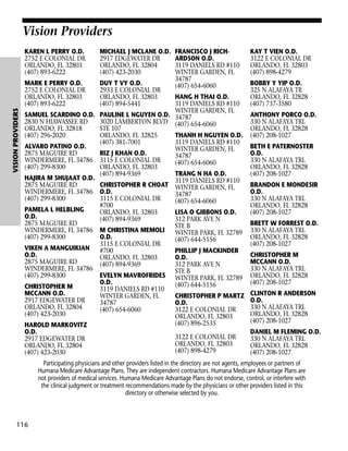 Vision Providers
MICHAEL J MCLANE O.D.
2917 EDGEWATER DR
ORLANDO, FL 32804
(407) 423-2030

MARK E PERRY O.D.
2752 E COLONIAL DR
ORLANDO, FL 32803
(407) 893-6222
VISION PROVIDERS

KAREN L PERRY O.D.
2752 E COLONIAL DR
ORLANDO, FL 32803
(407) 893-6222

DUY T VY O.D.
2933 E COLONIAL DR
ORLANDO, FL 32803
(407) 894-5441

FRANCISCO J RICHARDSON O.D.
3119 DANIELS RD #110
WINTER GARDEN, FL
34787
(407) 654-6060

HANG H THAI O.D.
3119 DANIELS RD #110
WINTER GARDEN, FL
SAMUEL SCARDINO O.D. PAULINE L NGUYEN O.D. 34787
2830 N HIAWASSEE RD
3020 LAMBERTON BLVD (407) 654-6060
ORLANDO, FL 32818
STE 107
(407) 296-2020
ORLANDO, FL 32825
THANH H NGUYEN O.D.
(407) 381-7001
3119 DANIELS RD #110
ALVARO PATINO O.D.
WINTER GARDEN, FL
2875 MAGUIRE RD
RIZ J KHAN O.D.
34787
WINDERMERE, FL 34786 3115 E COLONIAL DR
(407) 654-6060
(407) 299-8300
ORLANDO, FL 32803
(407) 894-9369
TRANG N HA O.D.
HAJIRA M SHUJAAT O.D.
3119 DANIELS RD #110
2875 MAGUIRE RD
CHRISTOPHER R CHOAT WINTER GARDEN, FL
WINDERMERE, FL 34786 O.D.
34787
(407) 299-8300
3115 E COLONIAL DR
(407) 654-6060
#700
PAMELA L HELBLING
ORLANDO, FL 32803
LISA O GIBBONS O.D.
O.D.
(407) 894-9369
312 PARK AVE N
2875 MAGUIRE RD
STE B
WINDERMERE, FL 34786 M CHRISTINA MEMOLI
WINTER PARK, FL 32789
(407) 299-8300
O.D.
(407) 644-5156
3115 E COLONIAL DR
VIKEN A MANGUIKIAN
#700
PHILLIP J MACKINDER
O.D.
ORLANDO, FL 32803
O.D.
2875 MAGUIRE RD
(407) 894-9369
312 PARK AVE N
WINDERMERE, FL 34786
STE B
(407) 299-8300
EVELYN MAVROFRIDES WINTER PARK, FL 32789
O.D.
(407) 644-5156
CHRISTOPHER M
3119 DANIELS RD #110
MCCANN O.D.
WINTER GARDEN, FL
CHRISTOPHER P MARTZ
2917 EDGEWATER DR
34787
O.D.
ORLANDO, FL 32804
(407) 654-6060
3122 E COLONIAL DR
(407) 423-2030
ORLANDO, FL 32803
(407) 896-2535
HAROLD MARKOVITZ
O.D.
3122 E COLONIAL DR
2917 EDGEWATER DR
ORLANDO, FL 32803
ORLANDO, FL 32804
(407) 898-4279
(407) 423-2030

KAY T VIEN O.D.
3122 E COLONIAL DR
ORLANDO, FL 32803
(407) 898-4279
BOBBY Y YIP O.D.
325 N ALAFAYA TR
ORLANDO, FL 32828
(407) 737-3580
ANTHONY PORCO O.D.
330 N ALAFAYA TRL
ORLANDO, FL 32828
(407) 208-1027
BETH E PATERNOSTER
O.D.
330 N ALAFAYA TRL
ORLANDO, FL 32828
(407) 208-1027
BRANDON E MONDESIR
O.D.
330 N ALAFAYA TRL
ORLANDO, FL 32828
(407) 208-1027
BRETT W FORREST O.D.
330 N ALAFAYA TRL
ORLANDO, FL 32828
(407) 208-1027
CHRISTOPHER M
MCCANN O.D.
330 N ALAFAYA TRL
ORLANDO, FL 32828
(407) 208-1027
CLINTON R ANDERSON
O.D.
330 N ALAFAYA TRL
ORLANDO, FL 32828
(407) 208-1027
DANIEL M FLEMING O.D.
330 N ALAFAYA TRL
ORLANDO, FL 32828
(407) 208-1027

Participating physicians and other providers listed in the directory are not agents, employees or partners of
Humana Medicare Advantage Plans. They are independent contractors. Humana Medicare Advantage Plans are
not providers of medical services. Humana Medicare Advantage Plans do not endorse, control, or interfere with
the clinical judgment or treatment recommendations made by the physicians or other providers listed in this
directory or otherwise selected by you.

116

 