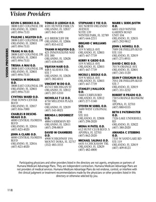 Vision Providers

VISION PROVIDERS

KEVIN G BROOKS O.D.
3808 EAST COLONIAL DR
ORLANDO, FL 32803
(407) 894-7533

TOMAS D LEIDIGH O.D.
4101 HUNTER PARK LN
ORLANDO, FL 32837
(407) 841-1490

PAULINE L NGUYEN O.D. 415 BRIERCLIFF DR
3808 EAST COLONIAL DR ORLANDO, FL 32806
ORLANDO, FL 32803
(407) 855-6132
(407) 894-7533
THANH H NGUYEN O.D.
TRANG N HA O.D.
425 INNOVATIONS WAY
3808 EAST COLONIAL DR STE 300
ORLANDO, FL 32803
ORLANDO, FL 32828
(407) 894-7533
(407) 658-6580
TRISHA A MAI O.D.
VIJAYAN NAIR O.D.
3808 EAST COLONIAL DR 448 S ALAFAYA TRL
ORLANDO, FL 32803
STE 7
(407) 894-7533
ORLANDO, FL 32828
(407) 382-6011
VANESSA M MORALES
O.D.
VINCENT M DO O.D.
3808 EAST COLONIAL DR 4574 E MICHIGAN ST
ORLANDO, FL 32803
ORLANDO, FL 32812
(407) 894-7533
(407) 207-5310
CYNTHIA WARD O.D.
NICHOLAS T LE O.D.
3948 TOWN CENTER
4750 MILLENIA PLAZA
BLVD
WAY
ORLANDO, FL 32837
ORLANDO, FL 32839
(407) 856-7000
(407) 541-0021
CHARLES R DESCHEBRENDA L DEFORREST
NEAUX O.D.
O.D.
4000 CENTRAL FLORIDA 4884 S KIRKMAN RD
BLVD
ORLANDO, FL 32811
ORLANDO, FL 32816
(407) 298-8819
(407) 823-4020
DAVID W CHAMBERS
JOHN A CLARK O.D.
O.D.
4000 CENTRAL FLORIDA 4900 N HIGHWAY 19A
BLVD
MOUNT DORA, FL 32757
ORLANDO, FL 32816
(352) 483-3555
(407) 823-4020

STEPHANIE E YEE O.D.
501 NORTH ORLANDO
AVENUE
SUITE 139
WINTER PARK, FL 32789
(407) 644-2211
BRIGHID C WILLIAMS
O.D.
519 N MILLS AVE
ORLANDO, FL 32803
(407) 447-7739
KERRY K GIEDD O.D.
519 N MILLS AVE
ORLANDO, FL 32803
(407) 447-7739
NICOLE L BEEDLE O.D.
519 N MILLS AVE
ORLANDO, FL 32803
(407) 447-7739
STANLEY J HALLOCK
O.D.
5460 CURRY-FORD
ORLANDO, FL 32812
(407) 277-1140
STEVEN M SOBEL O.D.
5600 WEST COLONIAL
DR
STE 103
ORLANDO, FL 32808
(407) 298-2020

MARIE L SEIDE-JUSTIN
O.D.
6601 OLD WINTER
GARDEN ROAD
UNIT 104
ORLANDO, FL 32835
(407) 292-9812
JOHN L NOWELL O.D.
7009 DR PHILLIPS BLVD
STE 110
ORLANDO, FL 32819
(407) 271-8931
DAVID C RICE O.D.
703 N ORANGE AVE
ORLANDO, FL 32801
(407) 245-1120
SEAN P COUGHLIN O.D.
7051 DR PHILLIPS BLVD
STE 7
ORLANDO, FL 32819
(407) 351-3232
ROBERT R PRADO O.D.
730 S ORANGE BLOSSOM
TRL
APOPKA, FL 32703
(407) 880-0335
BETH E PATERNOSTER
O.D.
7326 LAKE UNDERHILL
RD
ORLANDO, FL 32822
(407) 380-2020

MONA H PATEL O.D.
612 HUNT CLUB BLVD. S
APOPKA, FL 32703
AMANDA C STEBBINS
(407) 862-2020
O.D.
7335 W SAND LAKE RD
MICHAEL SALINAS O.D. STE 119
6431 S CHICKASAW TRL ORLANDO, FL 32819
ORLANDO, FL 32829
(407) 409-8123
(407) 482-4800

Participating physicians and other providers listed in the directory are not agents, employees or partners of
Humana Medicare Advantage Plans. They are independent contractors. Humana Medicare Advantage Plans are
not providers of medical services. Humana Medicare Advantage Plans do not endorse, control, or interfere with
the clinical judgment or treatment recommendations made by the physicians or other providers listed in this
directory or otherwise selected by you.

118

 