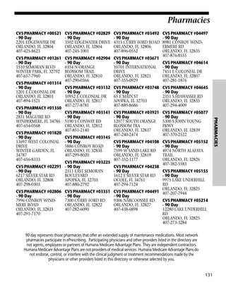 Pharmacies
CVS PHARMACY #00521
- 90 Day
2201 EDGEWATER DR
ORLANDO, FL 32804
407-425-8623

CVS PHARMACY #02829
- 90 Day
3502 EDGEWATER DRIVE
ORLANDO, FL 32804
407-245-1001

CVS PHARMACY #03492
- 90 Day
4315 CURRY FORD ROAD
ORLANDO, FL 32806
407-896-0552

CVS PHARMACY #01261
- 90 Day
1510 SEMORAN BLVD
WINTER PARK, FL 32792
407-657-7960

CVS PHARMACY #02904
- 90 Day
6354 N ORANGE
BLOSSOM TRAIL
ORLANDO, FL 32810
407-290-0366

CVS PHARMACY #03671
- 90 Day
10701 INTERNATIONAL
DRIVE
ORLANDO, FL 32821
407-355-0929

CVS PHARMACY #03132
- 90 Day
10952 E COLONIAL DR
ORLANDO, FL 32817
407-277-8781

CVS PHARMACY #03748
- 90 Day
65 E MAIN ST
APOPKA, FL 32703
407-889-8686

CVS PHARMACY #04645
- 90 Day
2351 S HIAWASSEE RD
ORLANDO, FL 32835
407-294-4009

CVS PHARMACY #03141
- 90 Day
5190 S CONWAY RD
ORLANDO, FL 32812
407-851-2140

CVS PHARMACY #03921
- 90 Day
12077 SOUTH ORANGE
BLOSSOM TRA
ORLANDO, FL 32837
407-240-2474

CVS PHARMACY #05077
- 90 Day
5300 S JOHN YOUNG
PKWY
ORLANDO, FL 32839
407-370-2522

CVS PHARMACY #04108
- 90 Day
7599 W SAND LAKE RD
ORLANDO, FL 32819
407-352-1177

CVS PHARMACY #05152
- 90 Day
4974 NORTH ALAFAYA
TRAIL
ORLANDO, FL 32826
407-382-5583

CVS PHARMACY #01314
- 90 Day
1201 E COLONIAL DR
ORLANDO, FL 32803
407-894-1521

CVS PHARMACY #01820
- 90 Day
13697 WEST COLONIAL
DRIVE
WINTER GARDEN, FL
34787
407-656-8333
CVS PHARMACY #02291
- 90 Day
6217 SILVER STAR RD
ORLANDO, FL 32808
407-298-0303

CVS PHARMACY #03145
- 90 Day
5886 CONROY ROAD
ORLANDO, FL 32835
407-299-8020
CVS PHARMACY #03225
- 90 Day
2311 EAST SEMORAN
BOULEVARD
APOPKA, FL 32703
407-880-2792

CVS PHARMACY #04238
- 90 Day
1612 E SILVER STAR RD
OCOEE, FL 34761
407-294-7124

CVS PHARMACY #04614
- 90 Day
7451 E COLONIAL DR
ORLANDO, FL 32807
407-281-1876

CVS PHARMACY #05155
- 90 Day
9975 LAKE UNDERHILL
RD
ORLANDO, FL 32825
CVS PHARMACY #02806 CVS PHARMACY #03351 CVS PHARMACY #04491 407-207-7944
- 90 Day
- 90 Day
- 90 Day
7996 CONROY WIND7300 CURRY FORD RD
9306 NARCOOSSEE RD.
CVS PHARMACY #05214
MERE ROAD
ORLANDO, FL 32822
ORLANDO, FL 32827
- 90 Day
ORLANDO, FL 32835
407-282-6090
407-438-6898
12280 LAKE UNDERHILL
407-291-7170
RD
ORLANDO, FL 32825
407-273-3284
90 day represents those pharmacies that offer an extended supply of maintenance medications. Most network
pharmacies participate in ePrescribing. Participating physicians and other providers listed in the directory are
not agents, employees or partners of Humana Medicare Advantage Plans. They are independent contractors.
Humana Medicare Advantage Plans are not providers of medical services. Humana Medicare Advantage Plans do
not endorse, control, or interfere with the clinical judgment or treatment recommendations made by the
physicians or other providers listed in this directory or otherwise selected by you.

131

PHARMACIES

CVS PHARMACY #01350
- 90 Day
2831 MAGUIRE RD
WINDERMERE, FL 34786
407-654-0568

CVS PHARMACY #04497
- 90 Day
8981 CONROY WINDERMERE RD
ORLANDO, FL 32835
407-876-8555

 